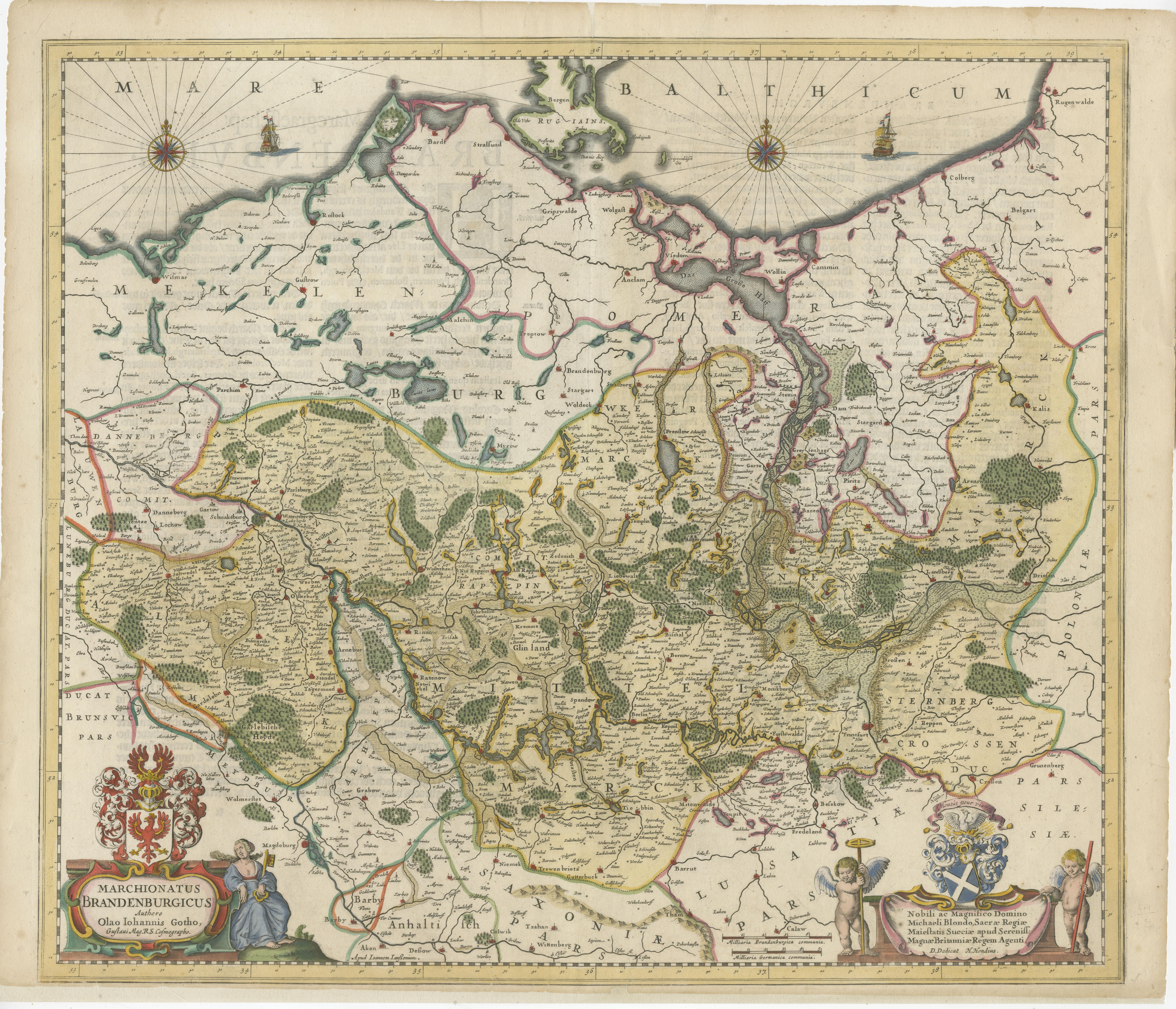 Antique map titled 'Marchionatus Brandenburgicus'. Original antique map of Brandenburg, with Königsberg and Stettin, Germany. Published by J. Janssonius, circ 1650. 

Jan Janssonius (also known as Johann or Jan Jansson or Janszoon) (1588-1664) was a