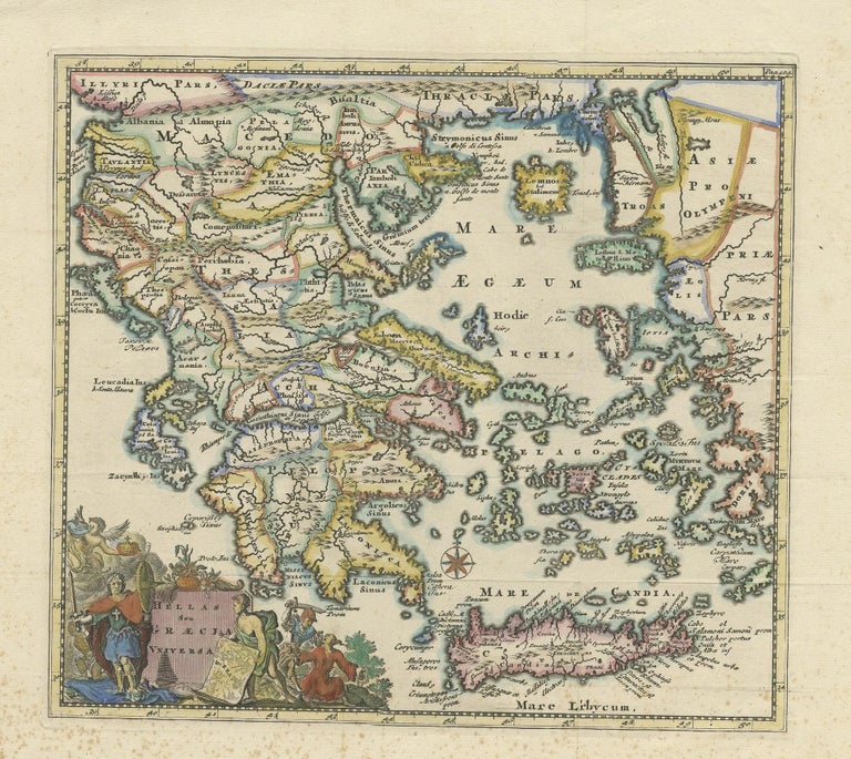 Late 17th Century Antique Hand Colored Map of Greece, 1697