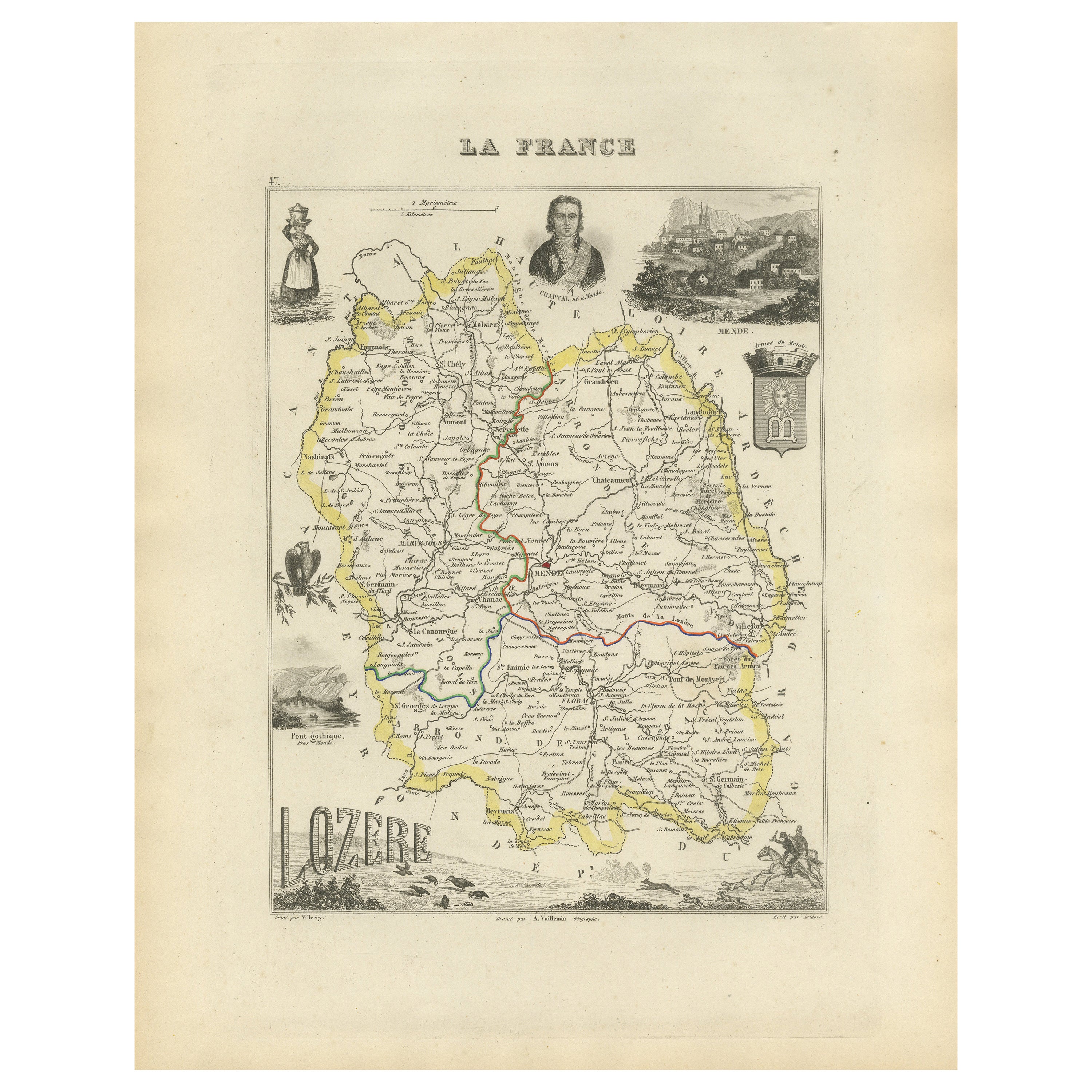 Carte ancienne de la Lozère, France, coloriée à la main - Alexandre Vuillemin, 19e siècle