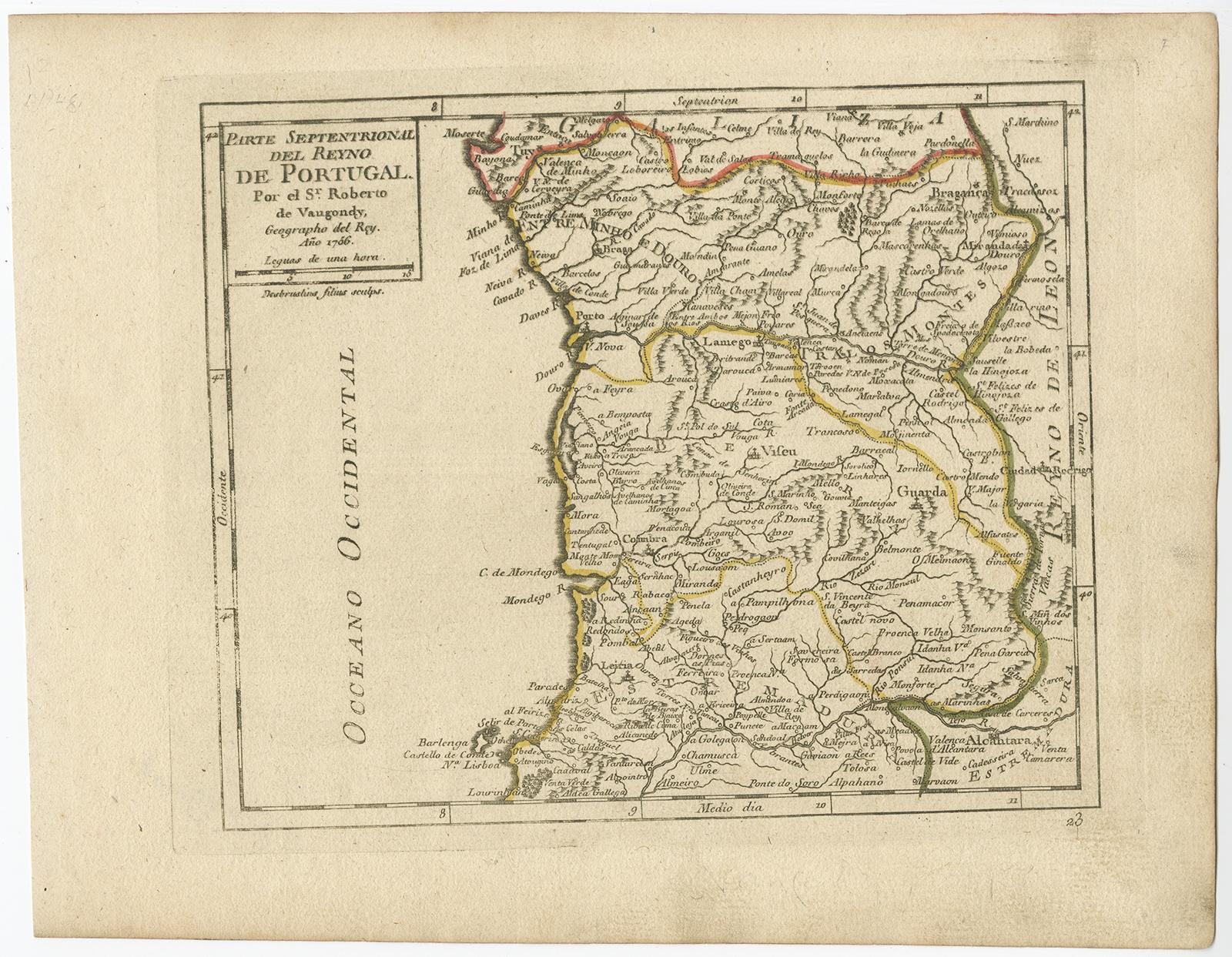 Antique map Portugal titled 'Parte Sepentrional del Reyno de Portugal'. 

Antique map of Northern Portugal. This map originates from 'Atlas Portatif'. 

Artists and Engravers: Didier Robert de Vaugondy (ca. 1723-1786) was the son of prominent