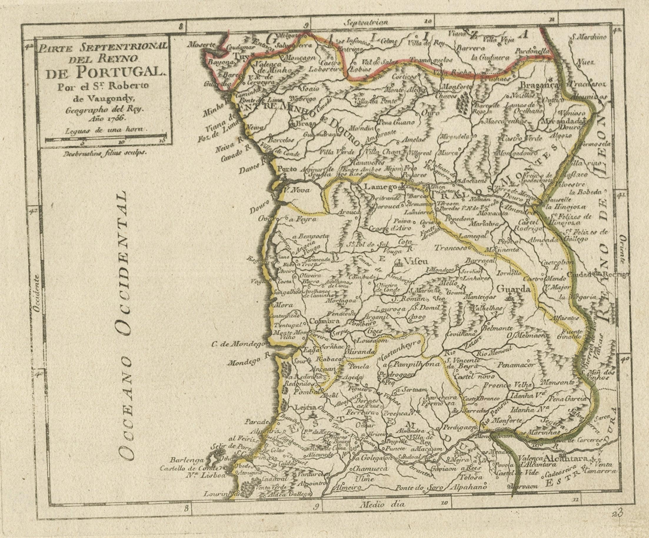 Antike handkolorierte Karte Nordportugals, 1756 im Zustand „Gut“ im Angebot in Langweer, NL