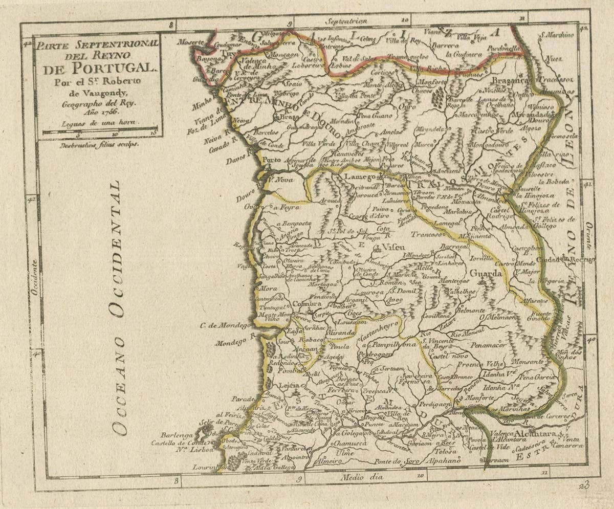 Antique Hand-Colored Map of Northern Portugal, 1756