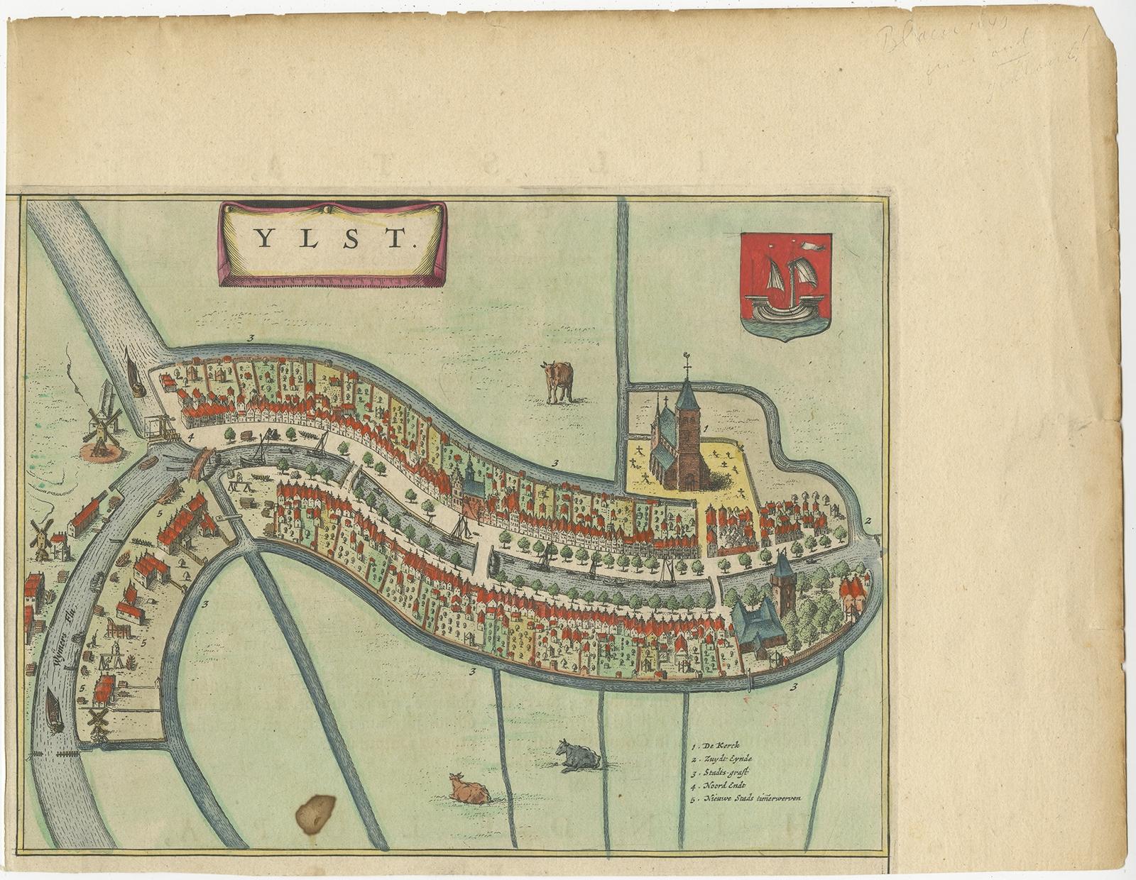 Antique hand-colored map titled 'Ylst'. Original antique map of the city of IJlst, Friesland, the Netherlands. 

This map originates from 'Novum Ac Magnum Theatrum Urbium Belgicae Liberae Ac Foederatae' published by J. Blaeu. 

Artists and