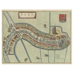 Carte ancienne colorée à la main de la ville flamande de IJlst, aux Pays-Bas, 1649
