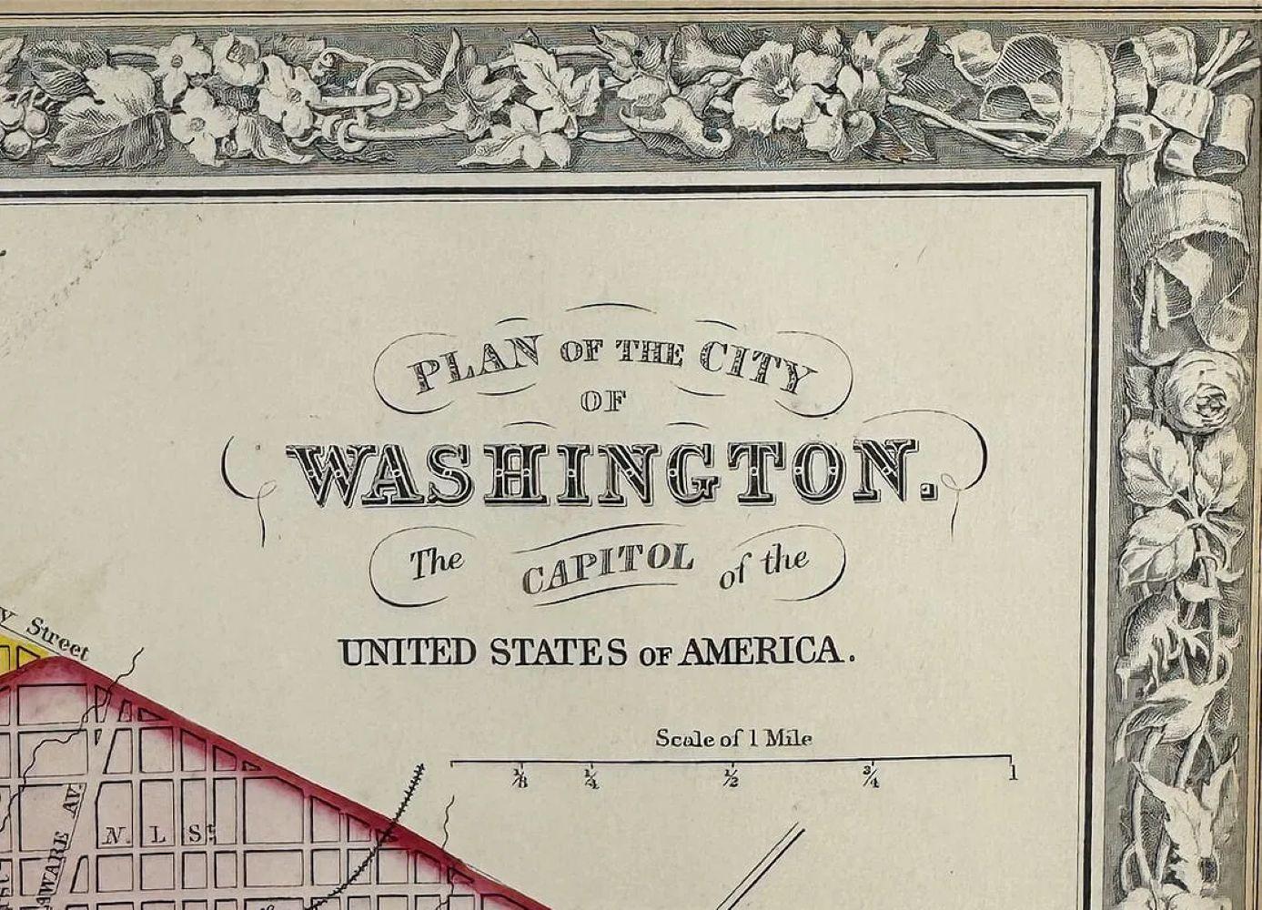 Antike Karte von Washington, D.C. Sorgfältig von Hand koloriert, was der Gravur Wärme und Charme verleiht.  Dieser Stadtplan zeigt den von dem Stadtplaner Pierre Charles L'Enfant entworfenen Grundriss der Stadt, einschließlich der markanten Alleen