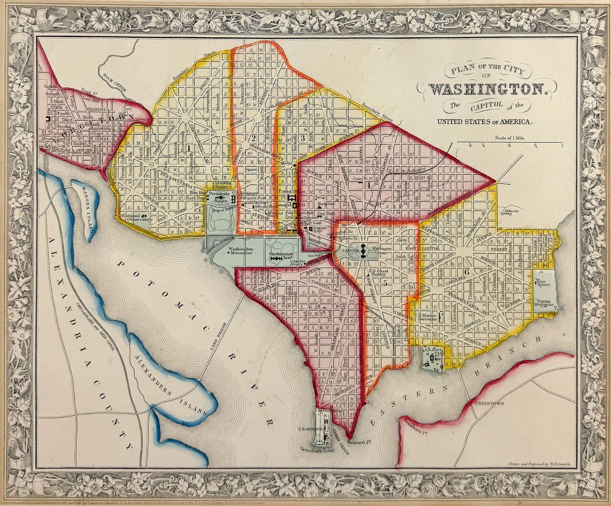 Antike, handkolorierte Karte von Washington, D.C., handkoloriert, 19. (Amerikanische Klassik) im Angebot