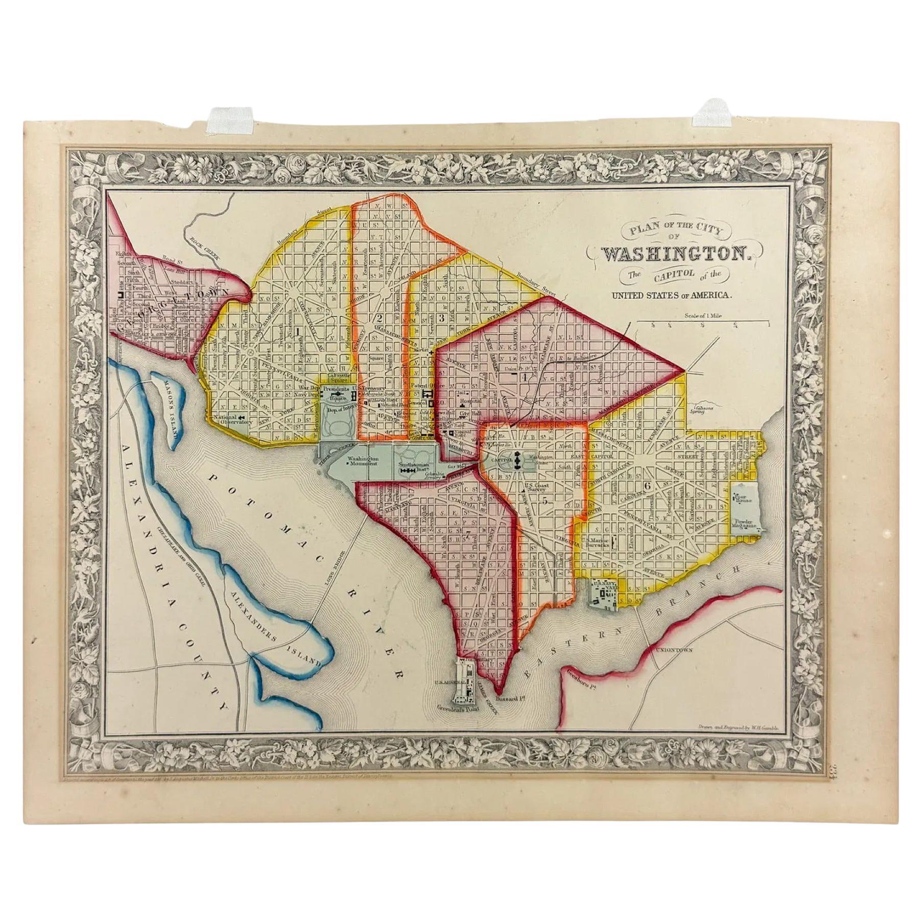 Antique, Hand Colored Map of Washington, D.C., 19th Century