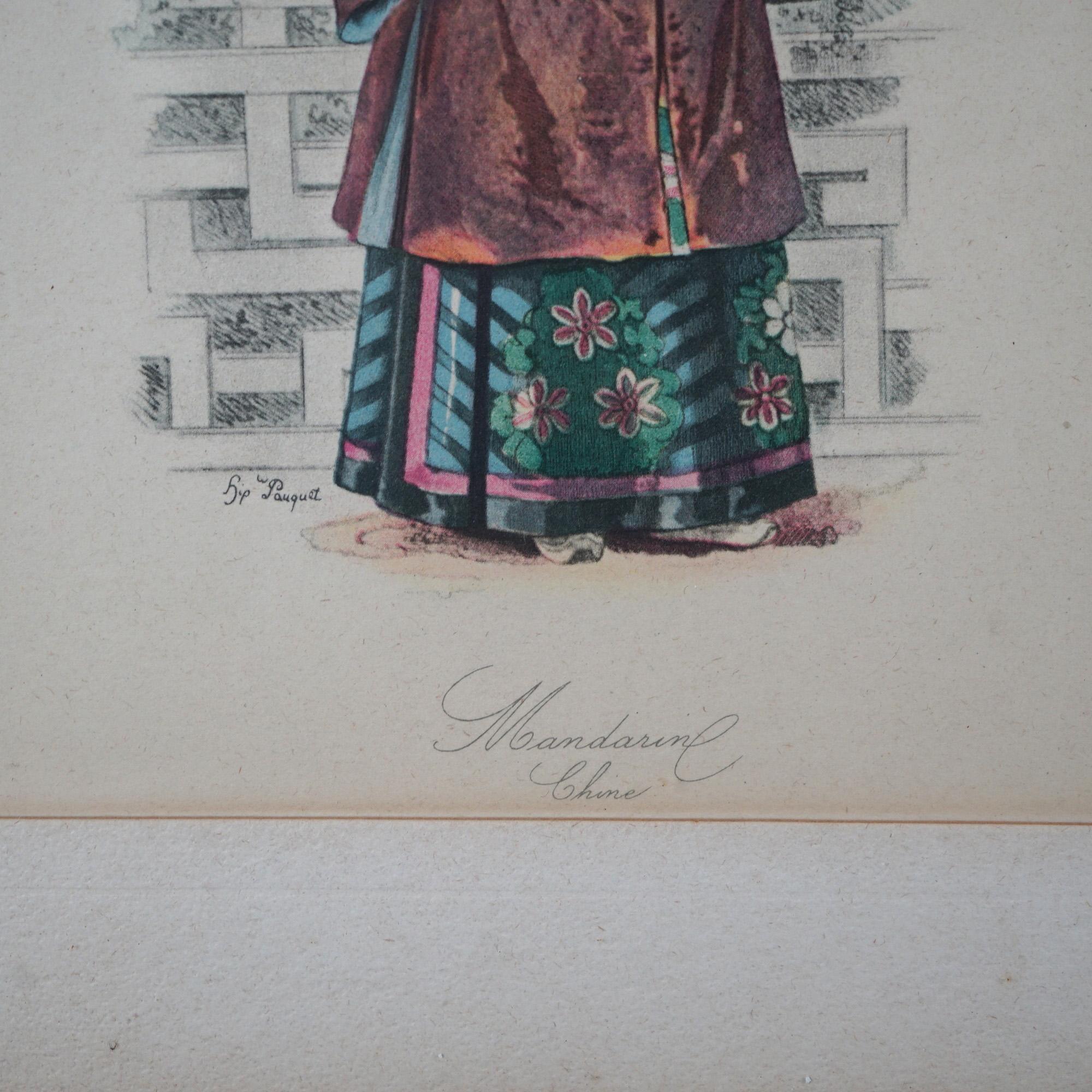 Antike handkolorierte orientalische Mandarin-Drucke, Mann und Frau im königlichen Stil, um 1900 (20. Jahrhundert) im Angebot