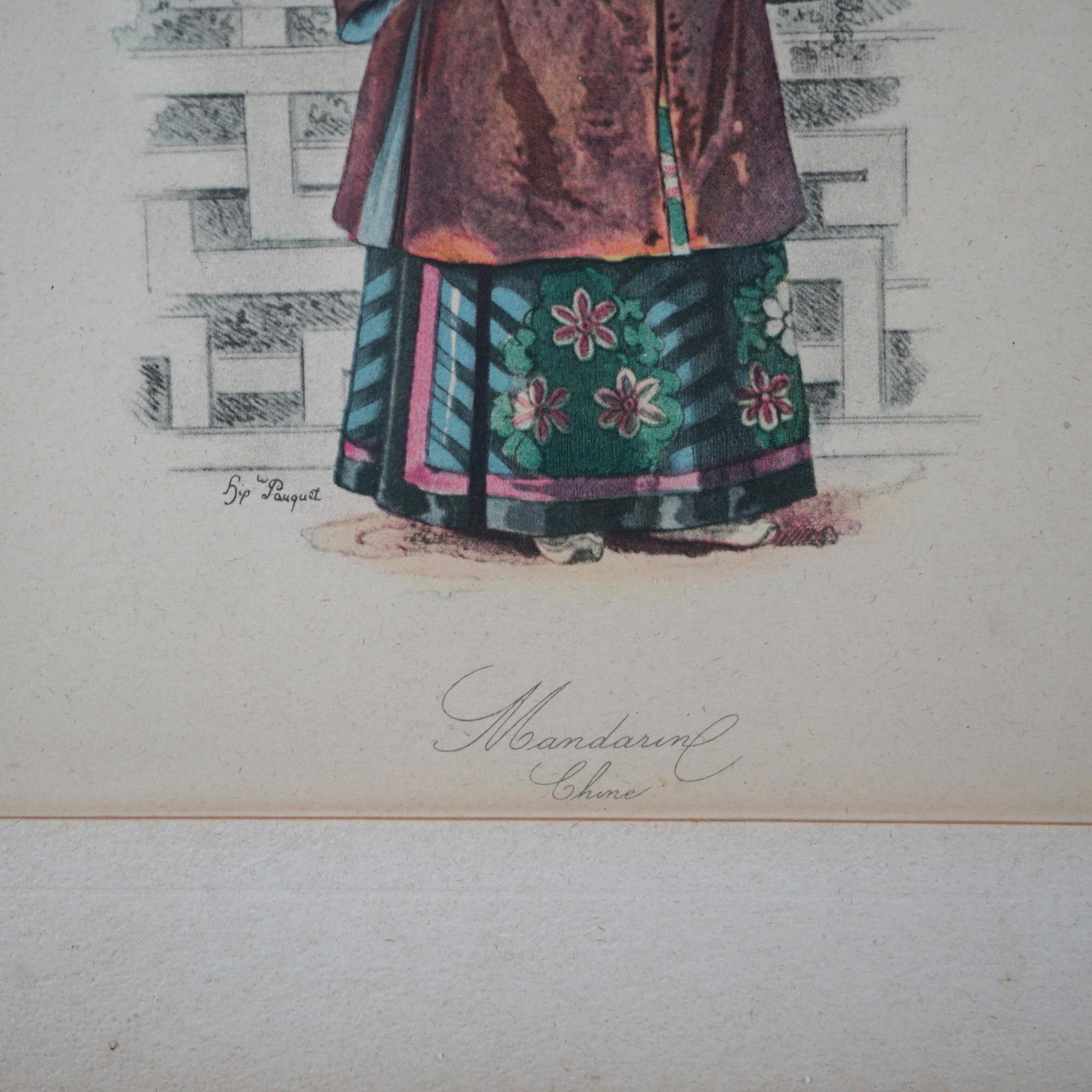 Antiguos Grabados Orientales Mandarines Coloreados a Mano, Hombre y Mujer de la Realeza, c1900 siglo XX en venta