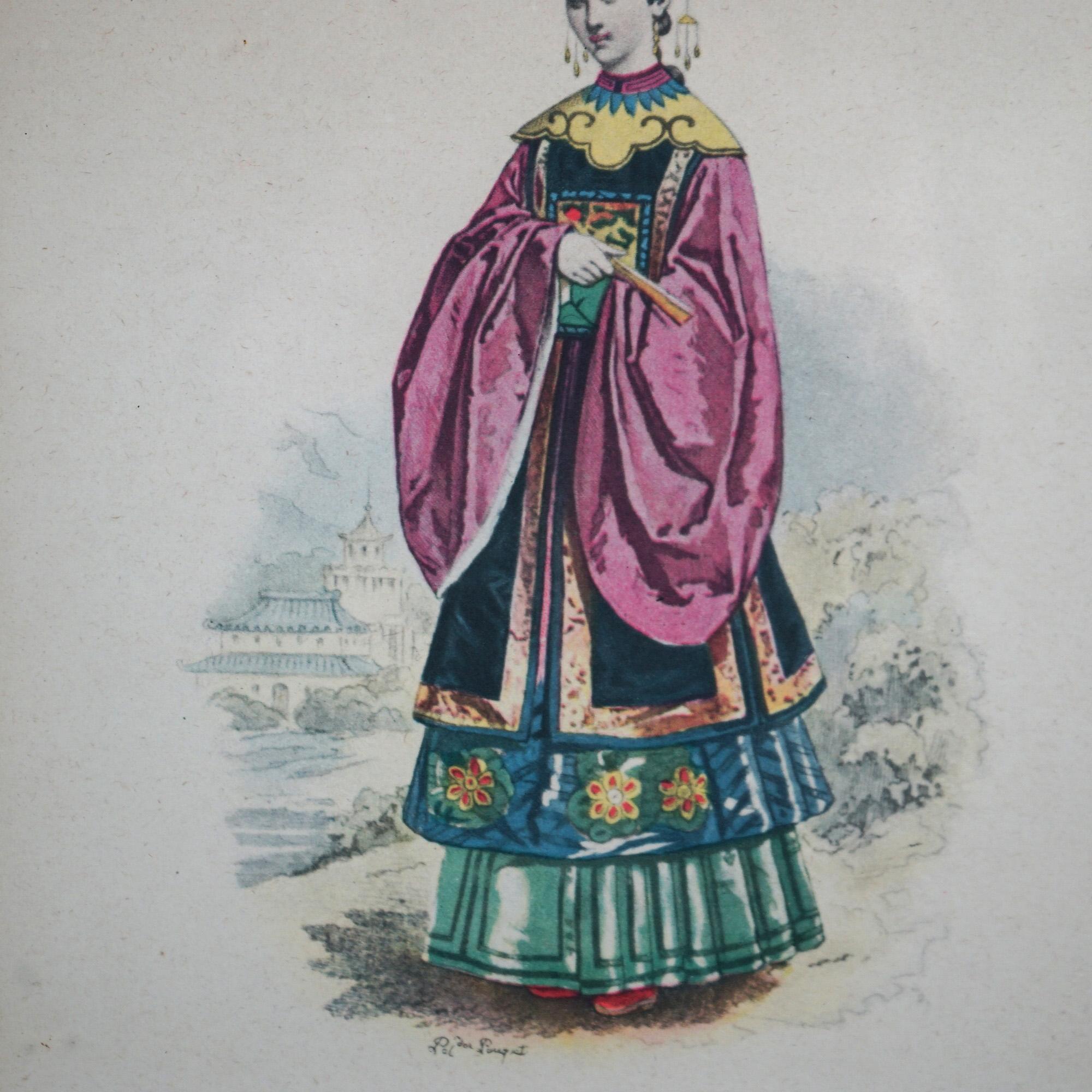 Antike handkolorierte orientalische Mandarin-Drucke, Mann und Frau im königlichen Stil, um 1900 (Papier) im Angebot