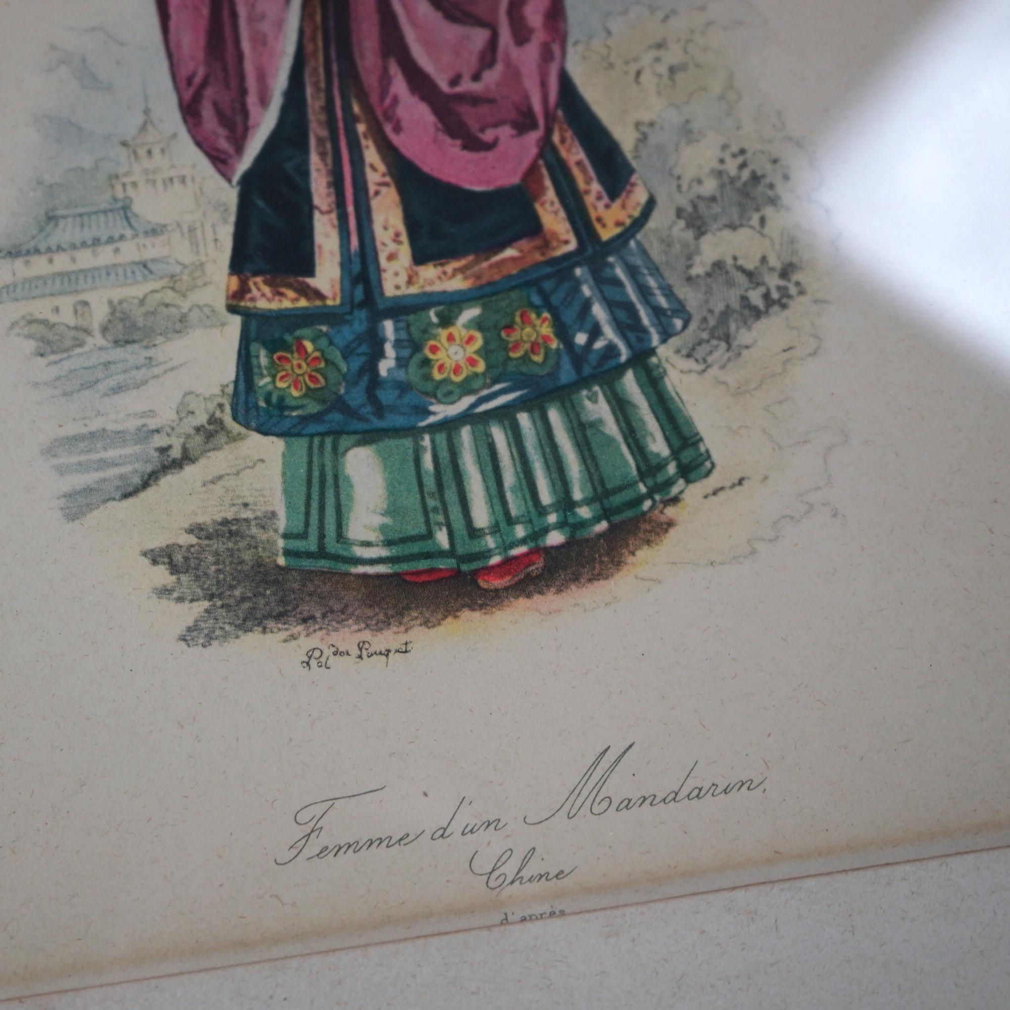 Antike handkolorierte orientalische Mandarin-Drucke, Mann und Frau im königlichen Stil, um 1900 im Angebot 1