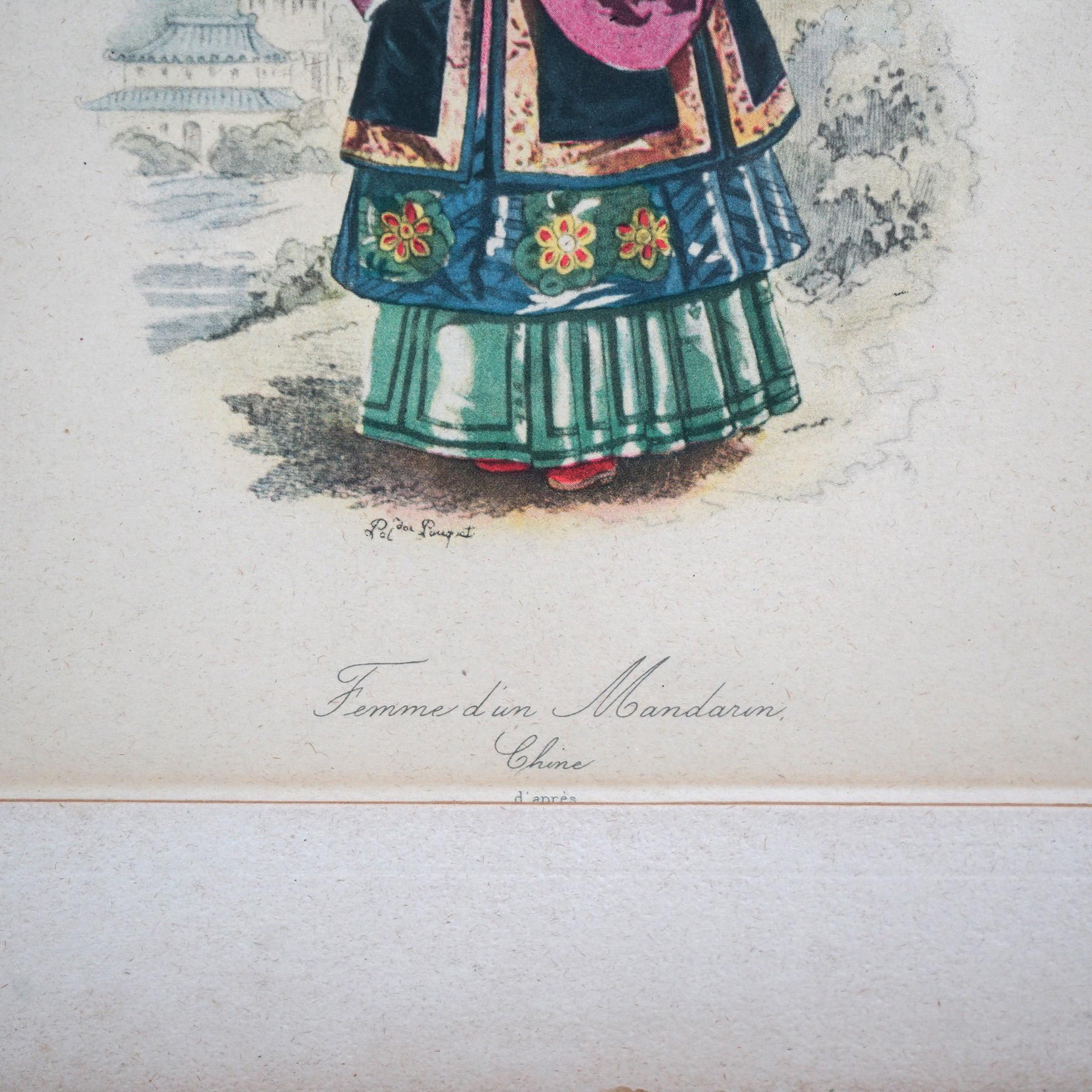 Antiguos Grabados Orientales Mandarines Coloreados a Mano, Hombre y Mujer de la Realeza, c1900 en venta 2