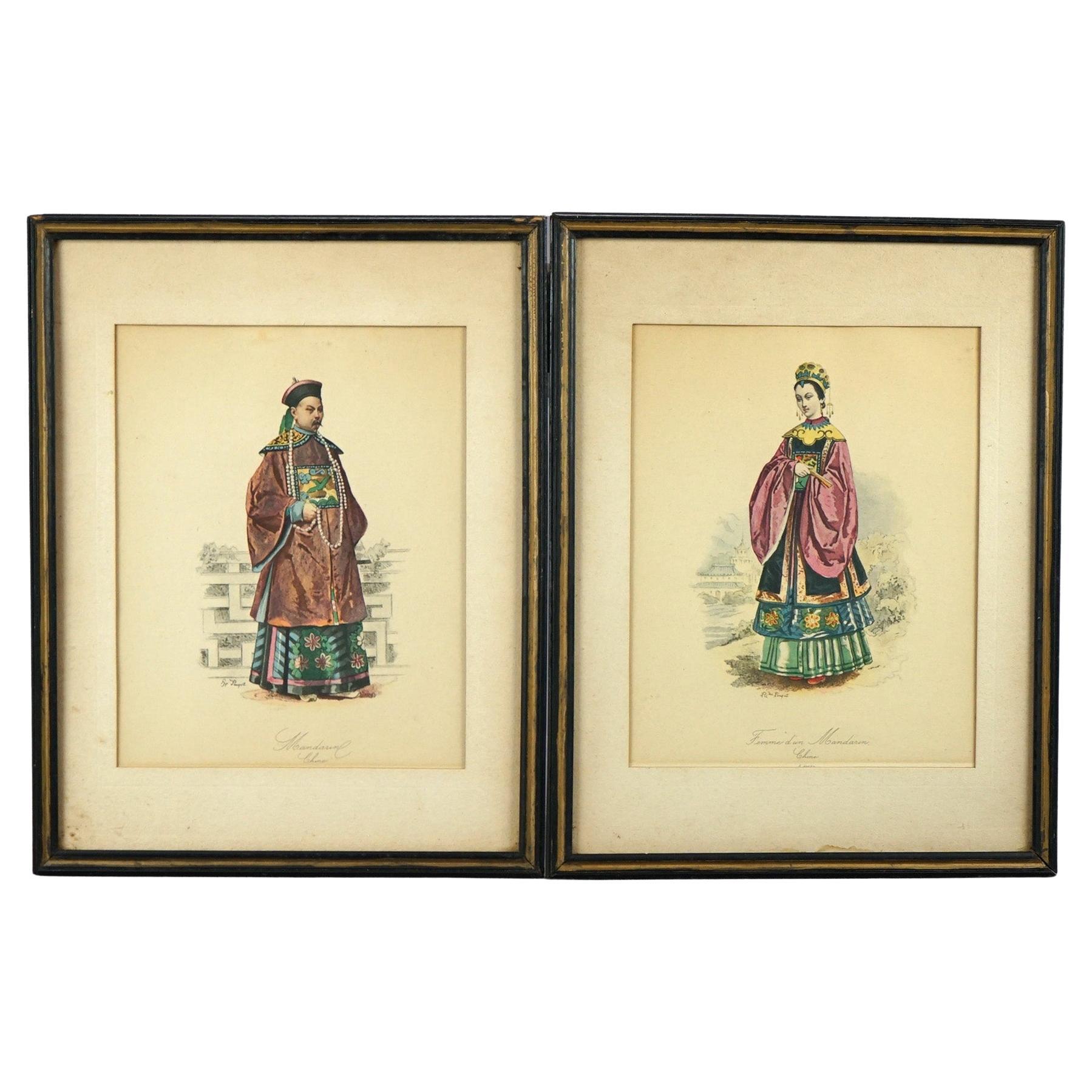 Antike handkolorierte orientalische Mandarin-Drucke, Mann und Frau im königlichen Stil, um 1900 im Angebot