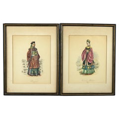 Antike handkolorierte orientalische Mandarin-Drucke, Mann und Frau im königlichen Stil, um 1900