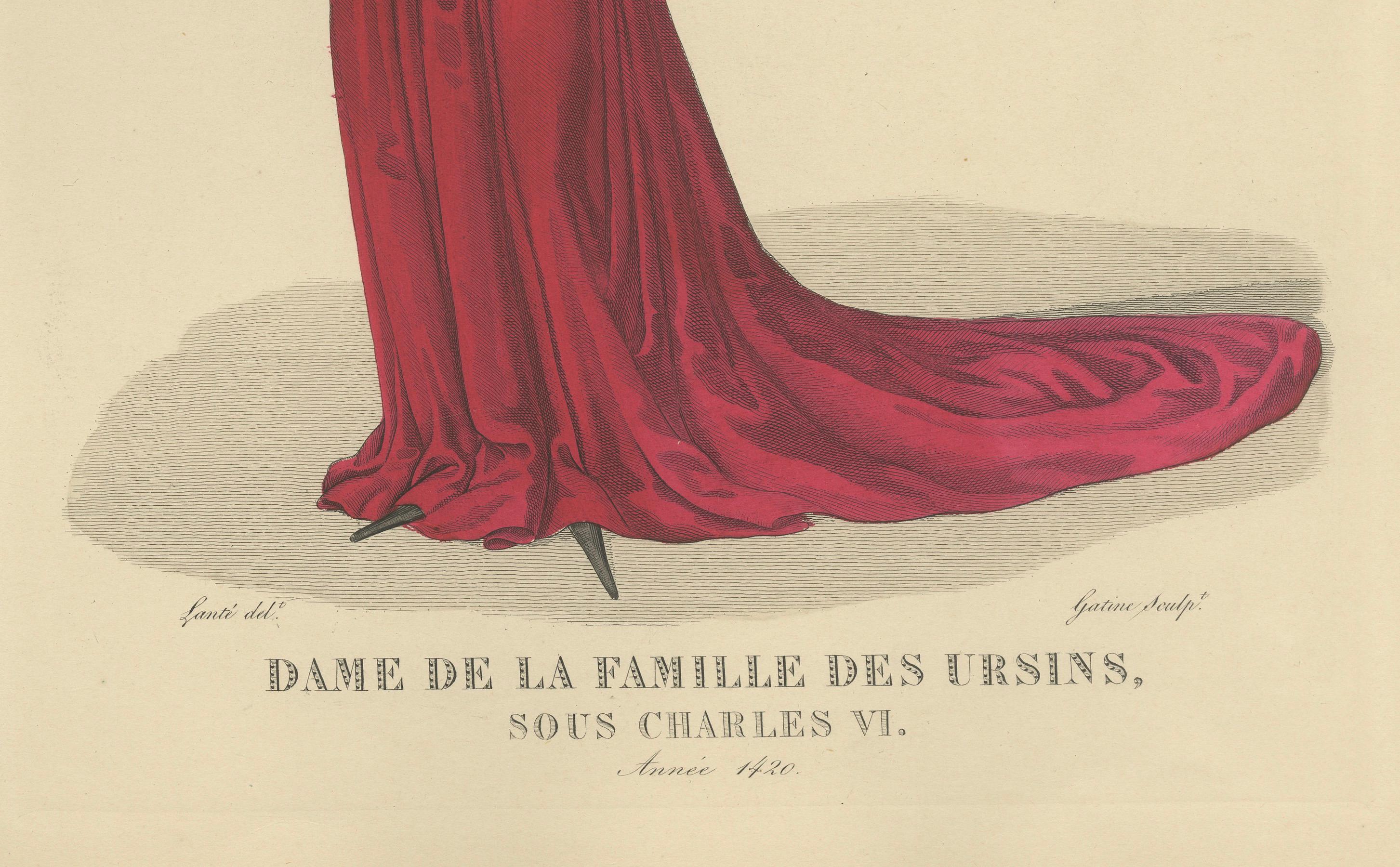 Handkoloriertes Portr�ät einer Dame aus der Familie Ursins, Frankreich, um 1900 (nach 1827)

Handkolorierter Stich, der eine Adelige aus der Familie Ursins im Jahr 1420 während der Herrschaft von König Karl VI. von Frankreich zeigt. Dieser Druck