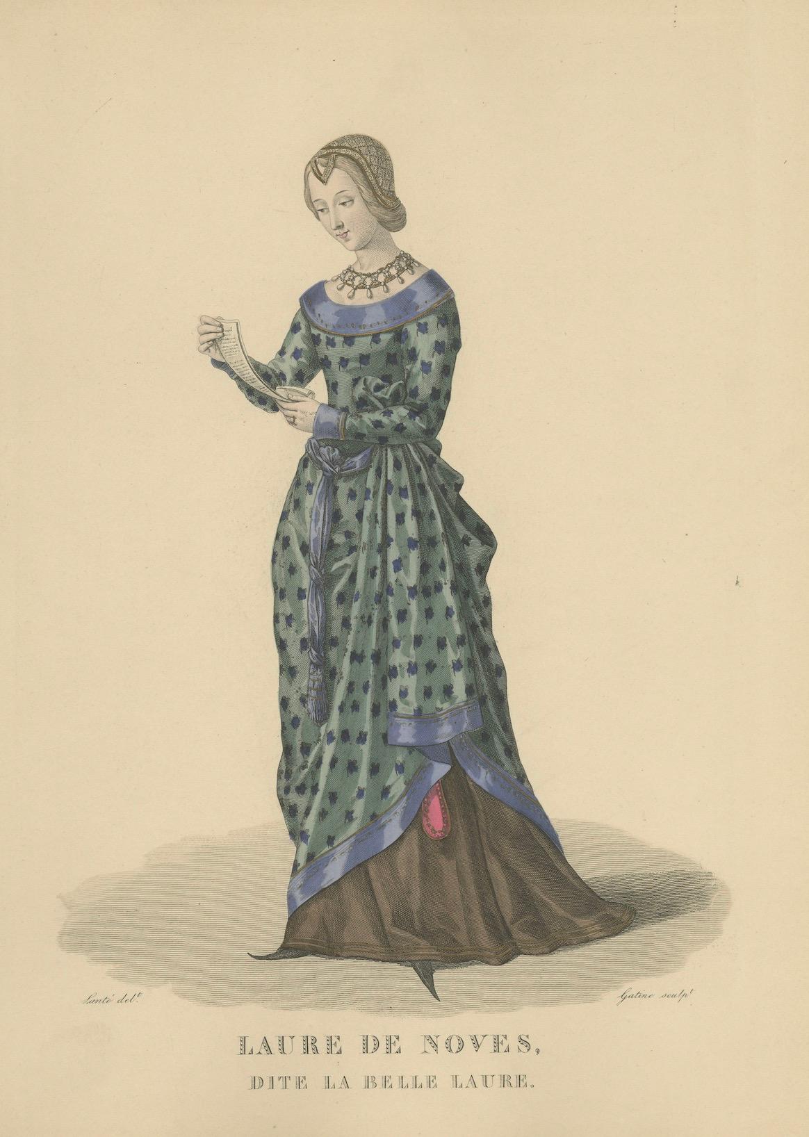 Antikes handkoloriertes Porträt - Laure de Noves, Muse des Petrarca, ca.1900 im Zustand „Gut“ im Angebot in Langweer, NL