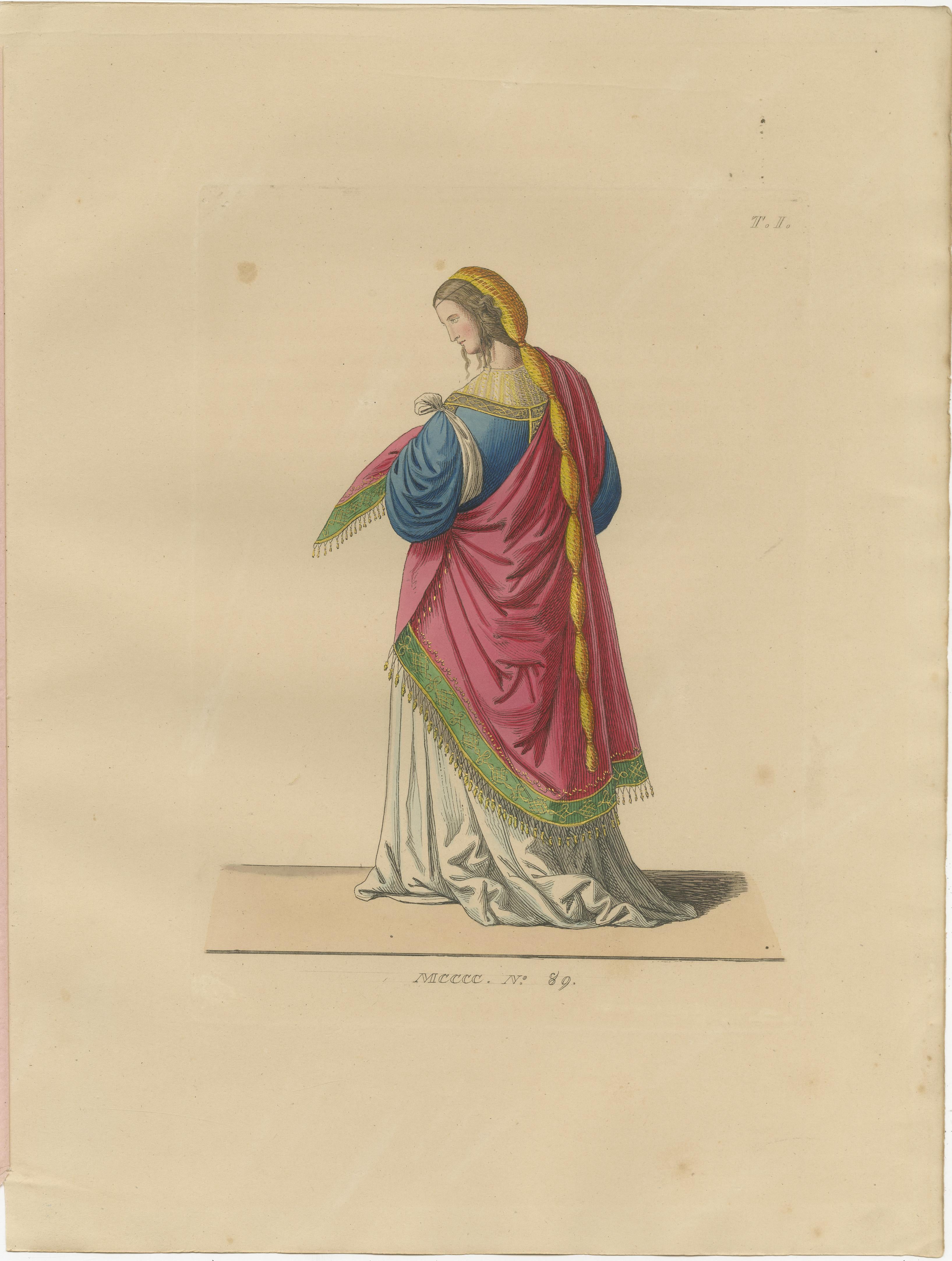 Renaissance-Dame im Profil mit geflochtenem Haar und Mantel, um 15. Jahrhundert

Tafel Nr. 89 aus der 1845 erschienenen Publikation Costumes Historiques des XIIIe, XIVe et XVe Siècles zeigt eine raffinierte und anmutige Renaissance-Frau, die in