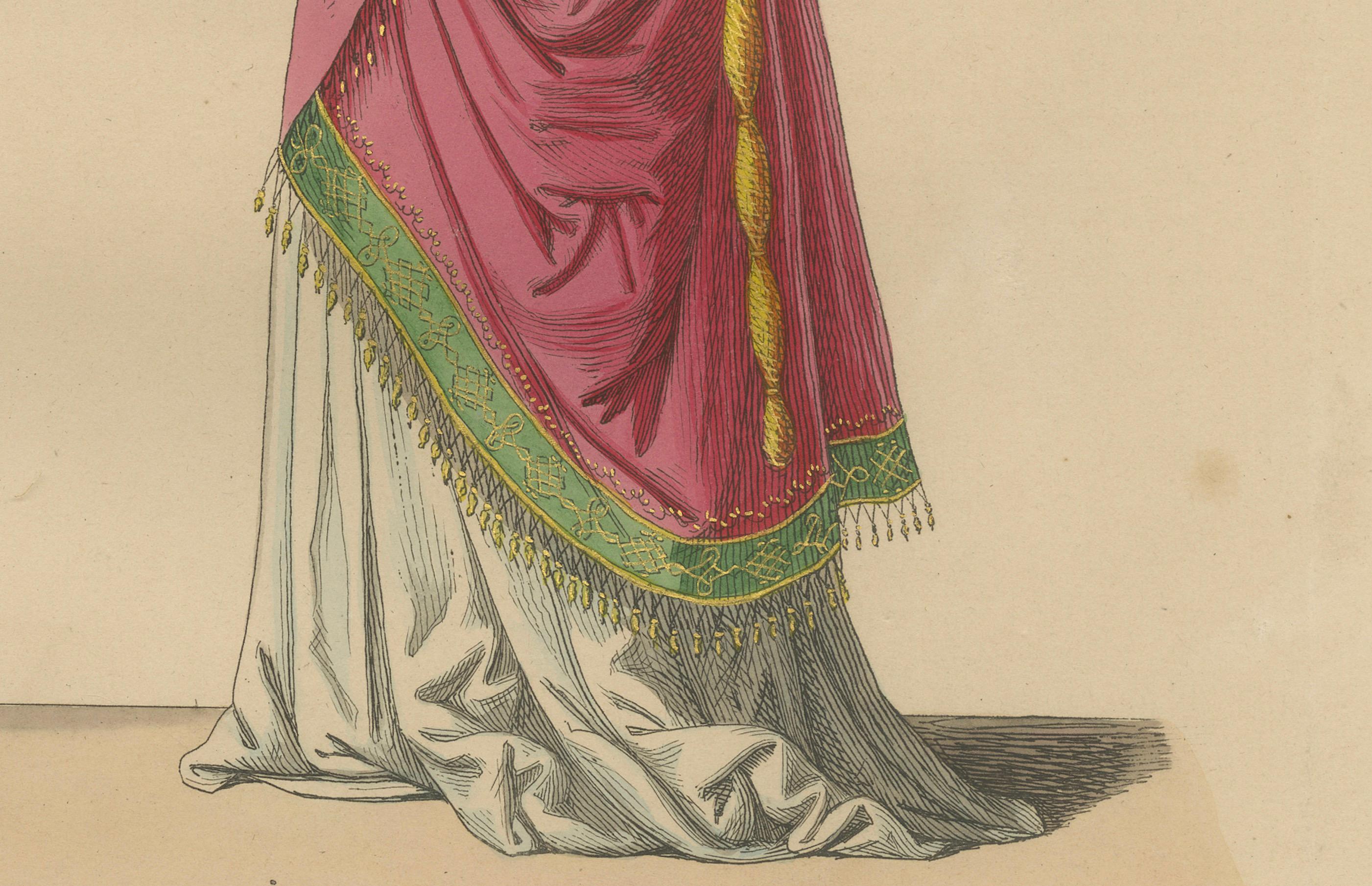 Antiker handkolorierter Druck - Dame mit geflochtenem Haar und Mantel, 15. Jahrhundert, 1845 (Französisch) im Angebot