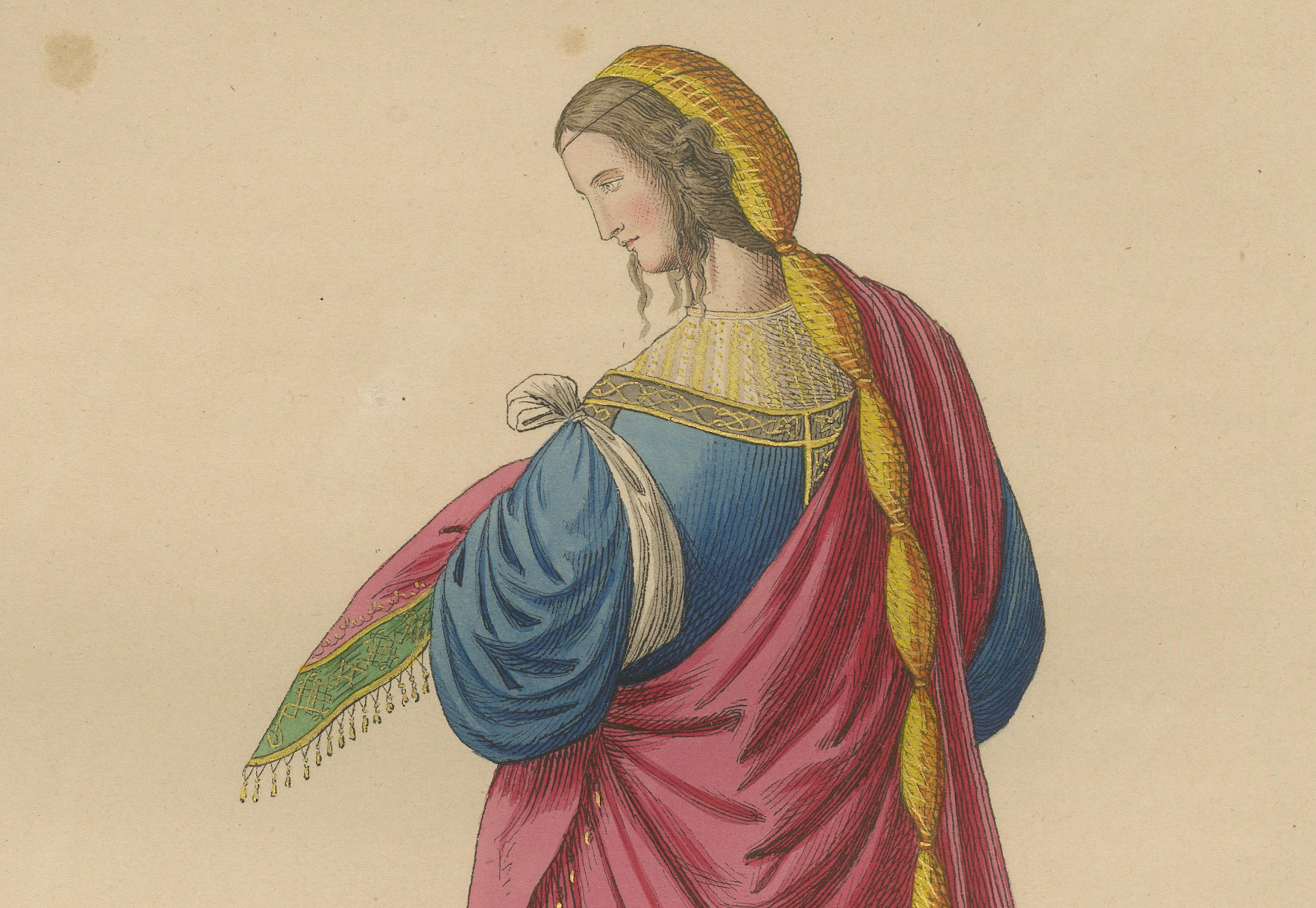 Antiker handkolorierter Druck - Dame mit geflochtenem Haar und Mantel, 15. Jahrhundert, 1845 (Graviert) im Angebot