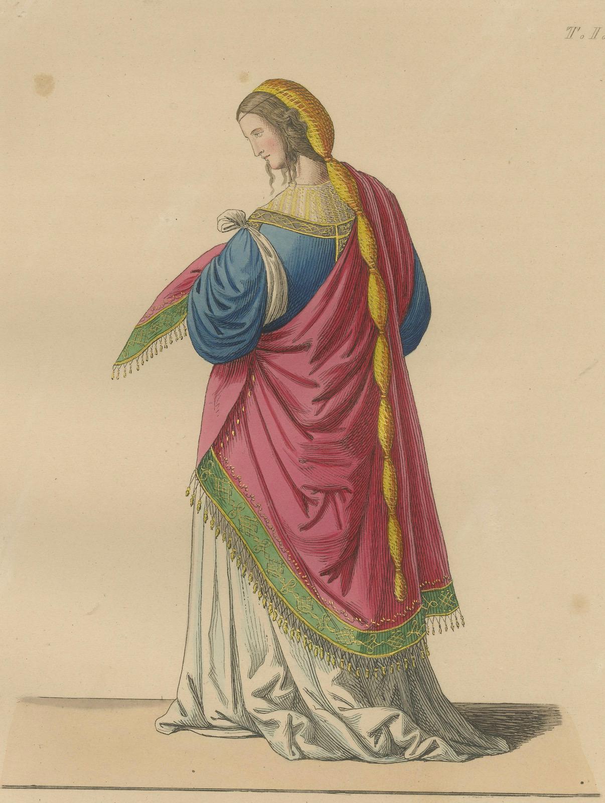 Antiker handkolorierter Druck - Dame mit geflochtenem Haar und Mantel, 15. Jahrhundert, 1845 im Zustand „Gut“ im Angebot in Langweer, NL