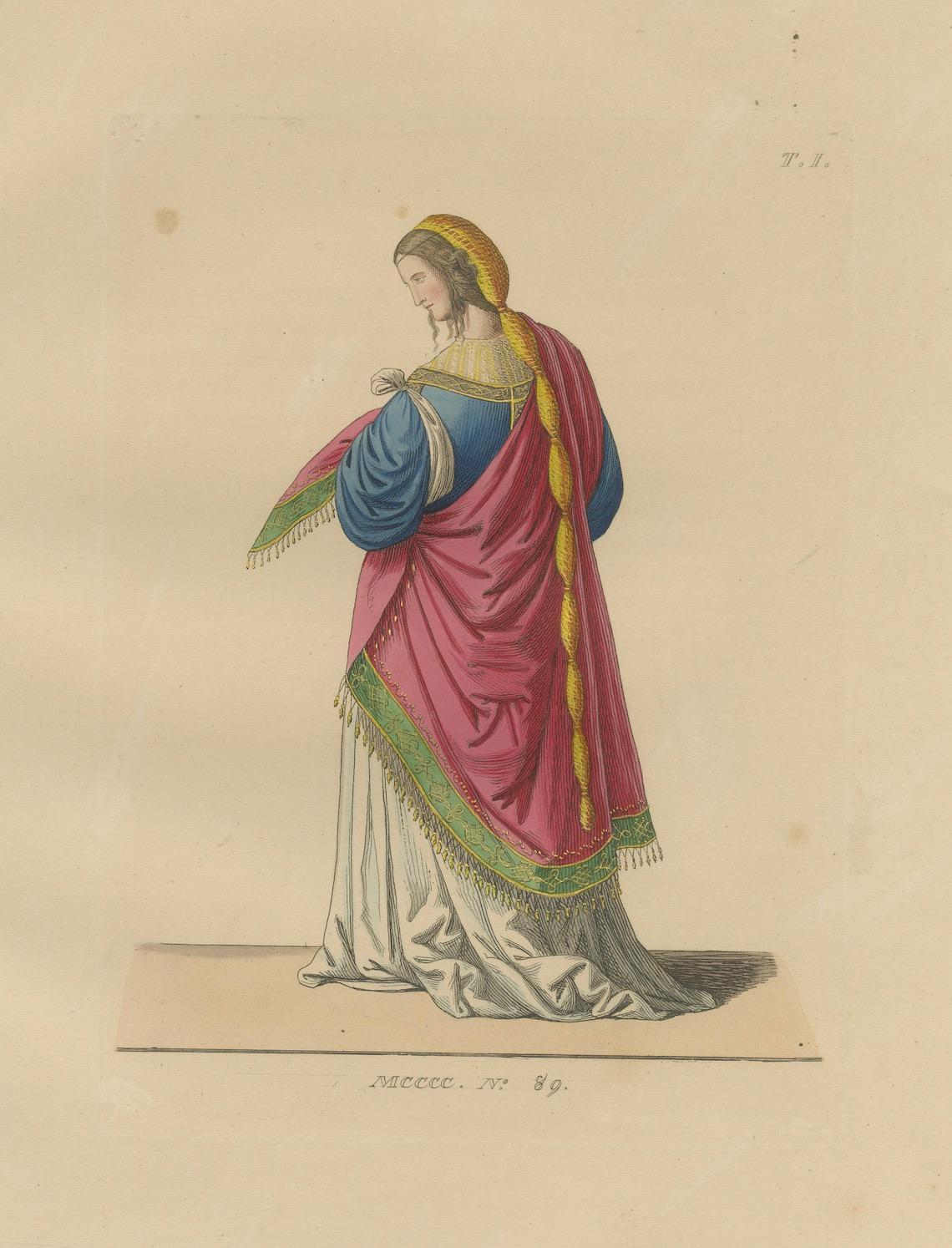 Antiker handkolorierter Druck - Dame mit geflochtenem Haar und Mantel, 15. Jahrhundert, 1845 (19. Jahrhundert) im Angebot