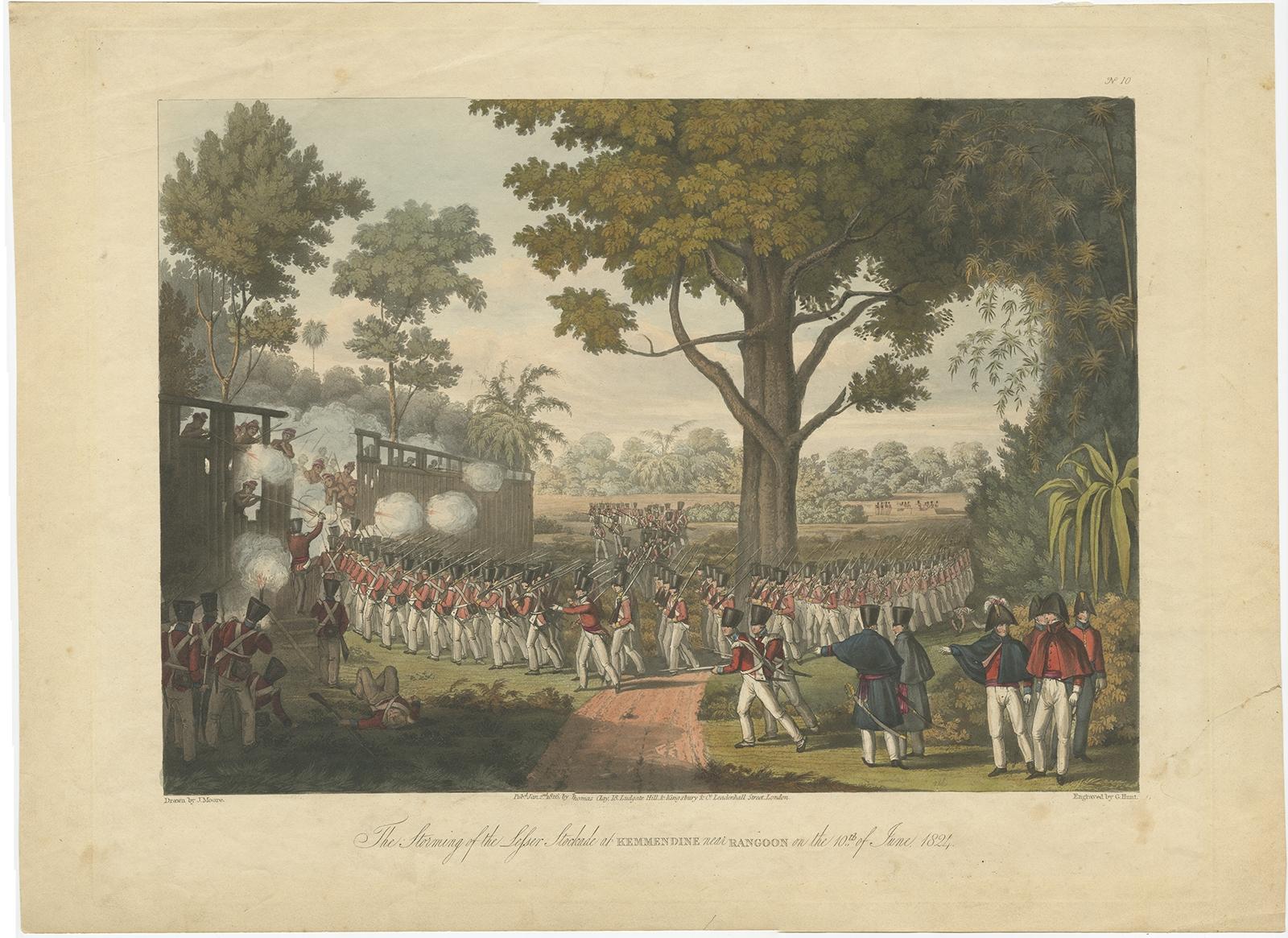 Antique print titled 'The storming of the lesser Stockade at Kemmendine near Rangoon on the 10th of July 1824'. 

This print originates from 