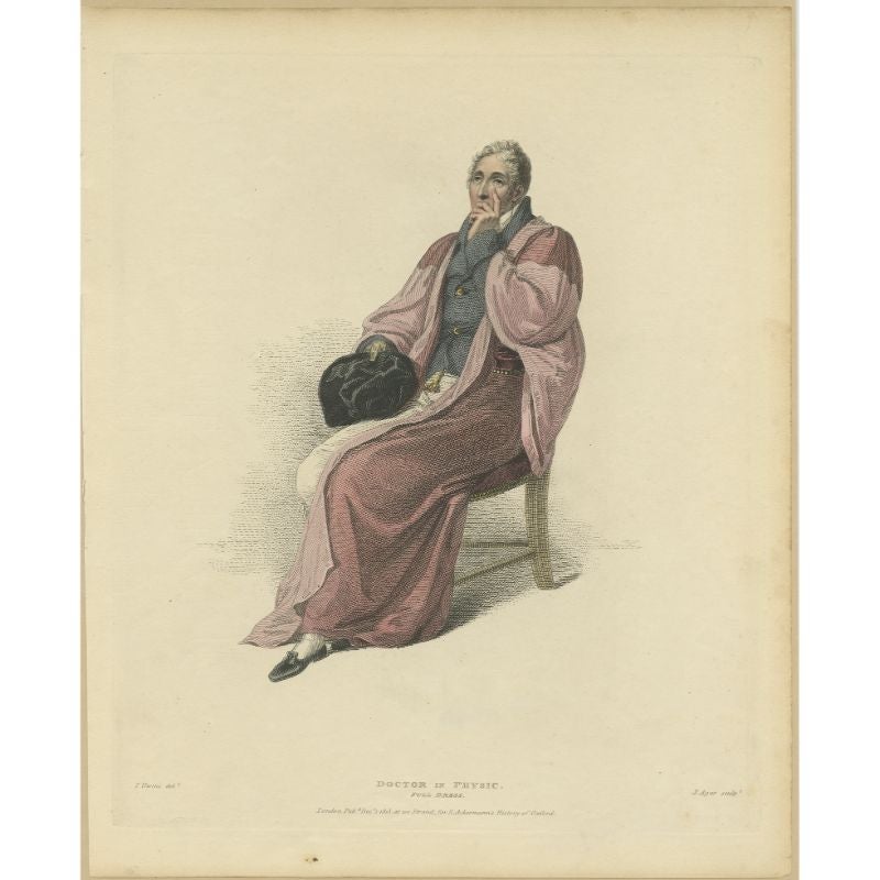 Antique print titled 'Doctor in Physic'. Portrait of Sir Christopher Pegge, in full dress, made after a drawing by Thomas Uwins. This print originates from 'Ackermann's History of Oxford and History of Cambridge'. 

Artists and Engravers: Printed