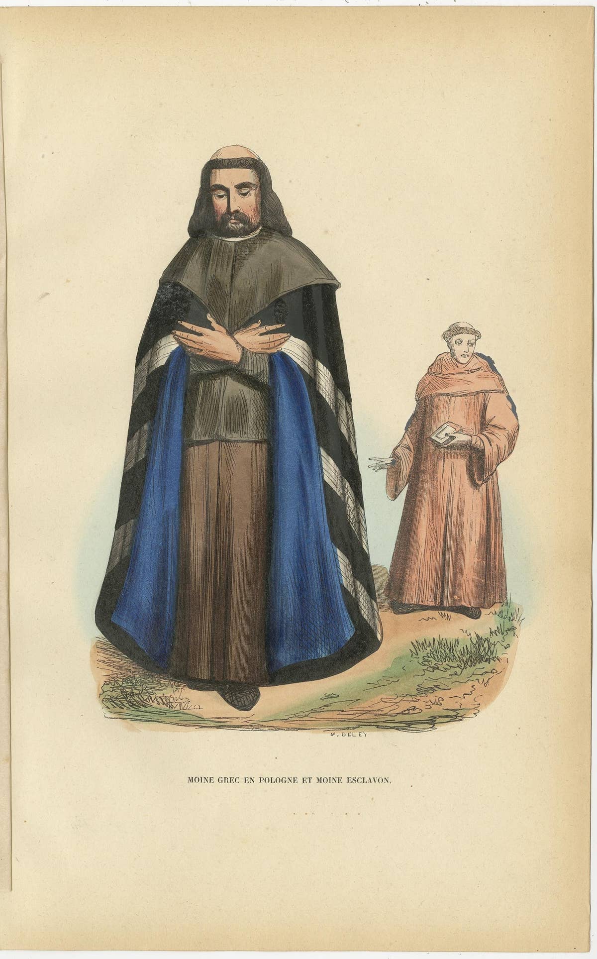 Antique Hand-Colored Print of a Greek Monk in Poland and a Slavonic Monk, c.1845