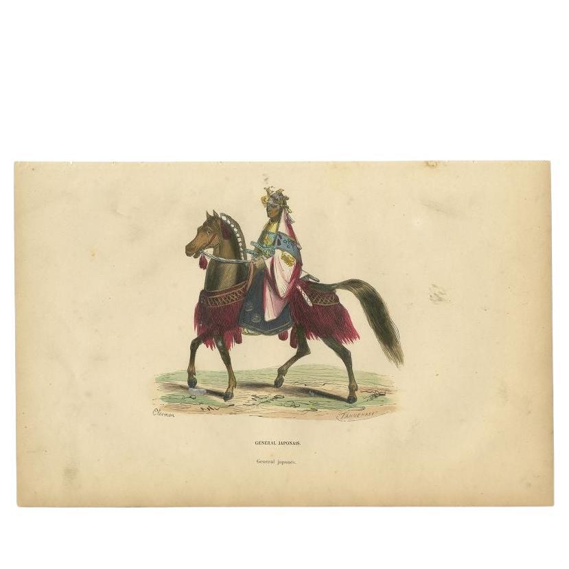 Impression ancienne colorée à la main d'un général japonais, 1843 en vente