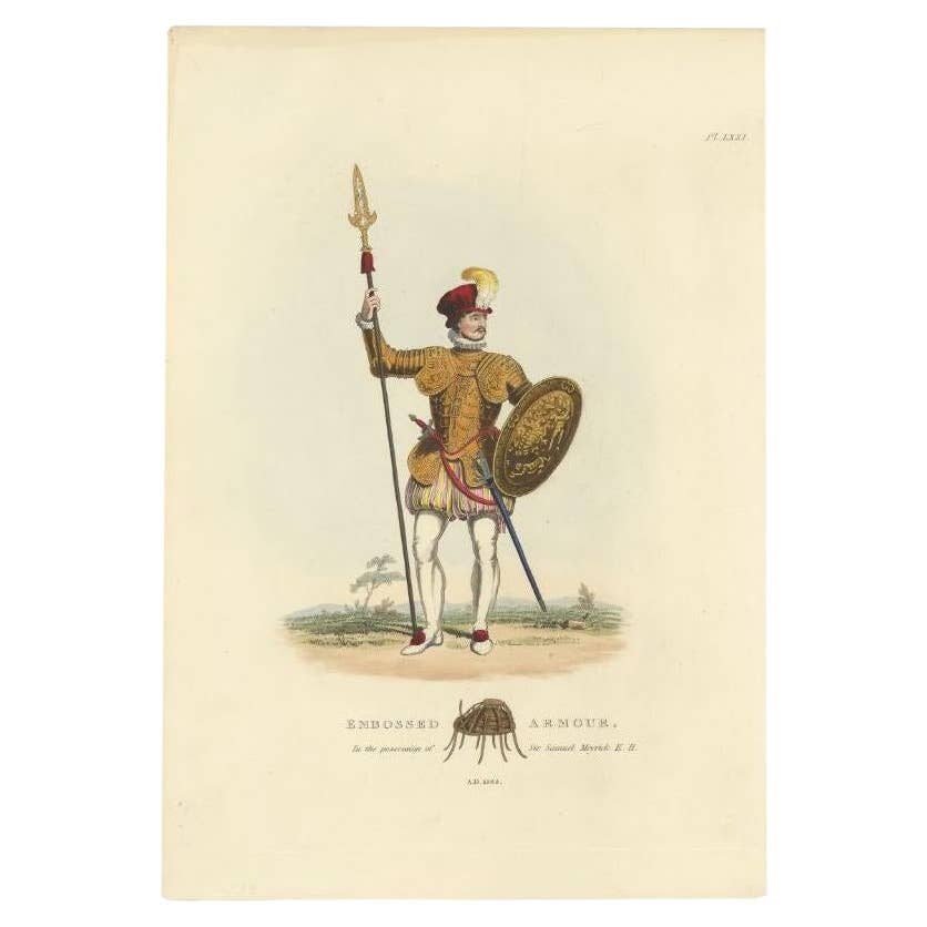 Antique Hand-Colored Print of a Knight in Embossed Armor, (1842)