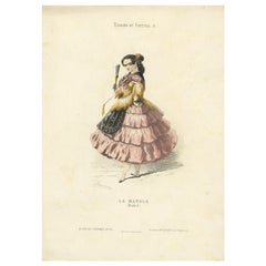Antique Hand-Colored Print of a 'Manola' from Spain, 1850