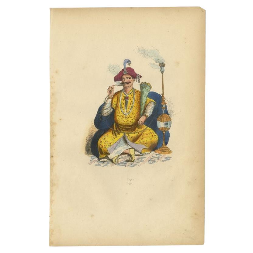 Antique Hand Colored Print of a Rajah in India, 1843 For Sale