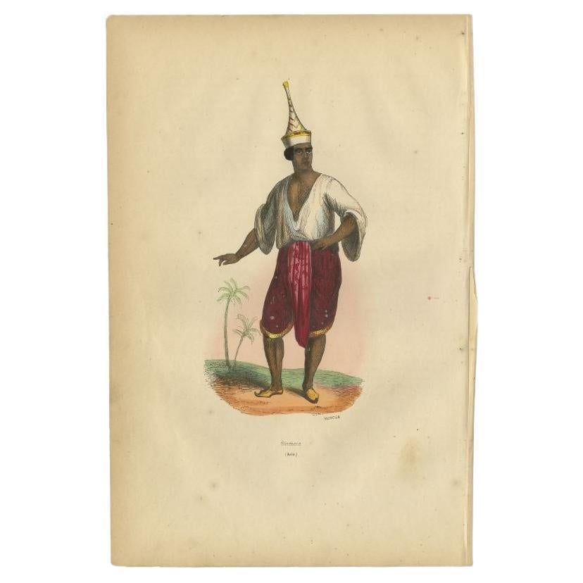 Antique Hand-Colored Print of a Siamese Man, 1843 For Sale