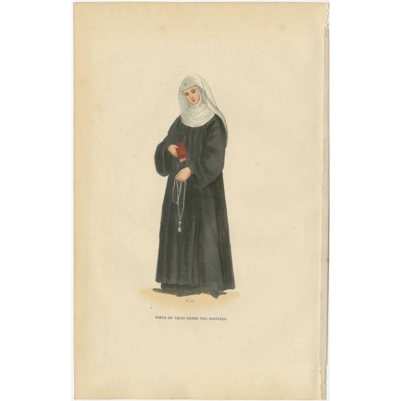 Grabado antiguo titulado 'Soeur du Tiers Ordre des Servites'. Estampa de una Hermana de la Tercera Orden. Este grabado procede de 