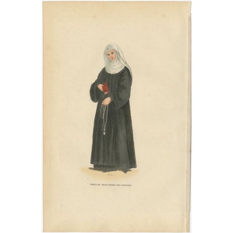 Antique print titled 'Soeur du Tiers Ordre des Servites'. Print of a Sister of the Third Order. This print originates from 'Histoire et Costumes des Ordres Religieux'.

Artists and Engravers: Author: Abbé Tiron. 

Condition: Good, general