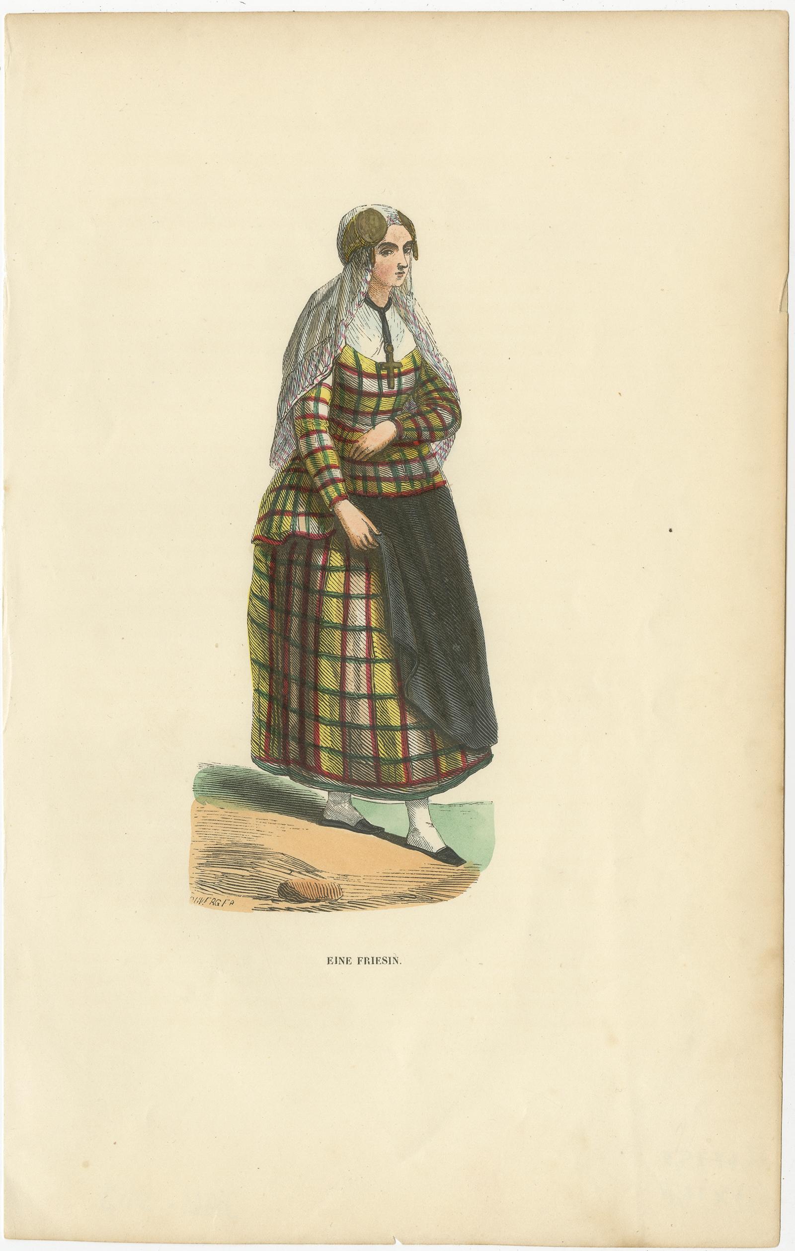 Antique print titled 'Eine Friesin'. Lithograph of a woman from Friesland, perhaps Ostfriesland. Source unknown, to be determined.

Artists and Engravers: Anonymous.

Condition:
Good, general age-related toning. Minor wear, blank verso. Please