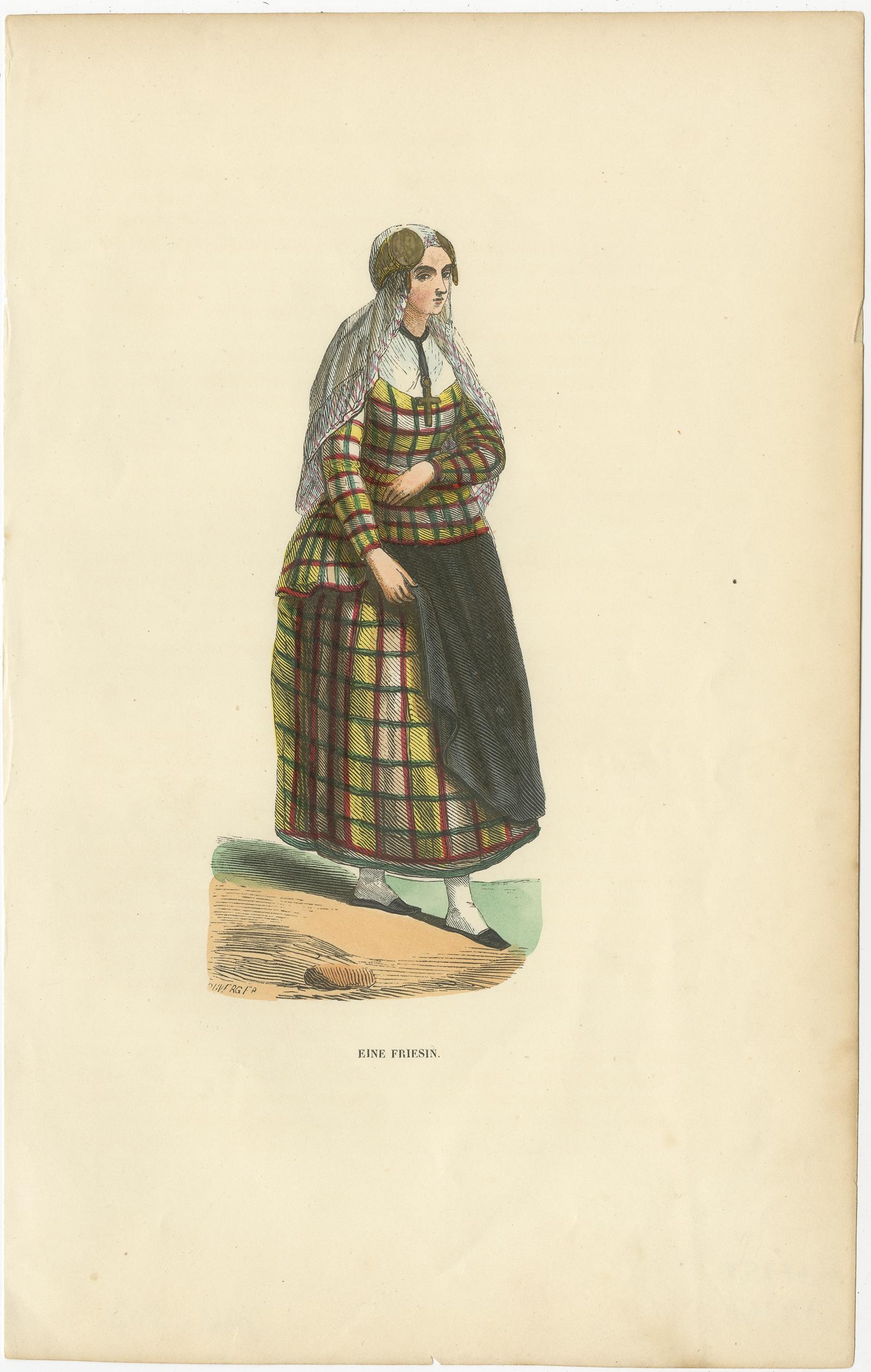 Antiker Druck mit dem Titel 'Eine Friesin'. Lithografie einer Frau aus Friesland, vielleicht Ostfriesland. Quelle unbekannt, muss noch ermittelt werden.

Künstler und Graveure: Anonym.

Zustand:
Gut, allgemein altersbedingt gebräunt.