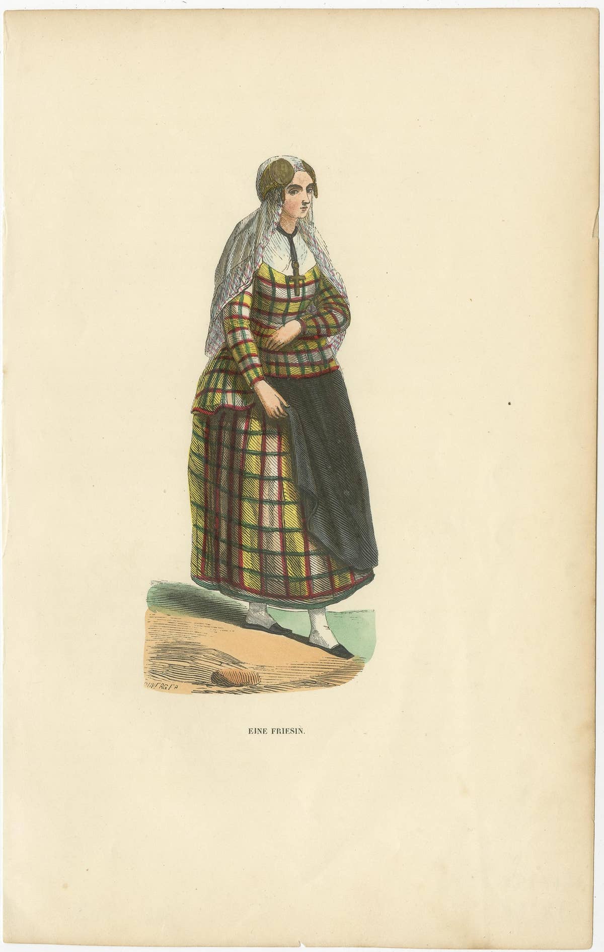 Antique Hand-Colored Print of a Woman from Friesland, The Netherlands, ca.1840