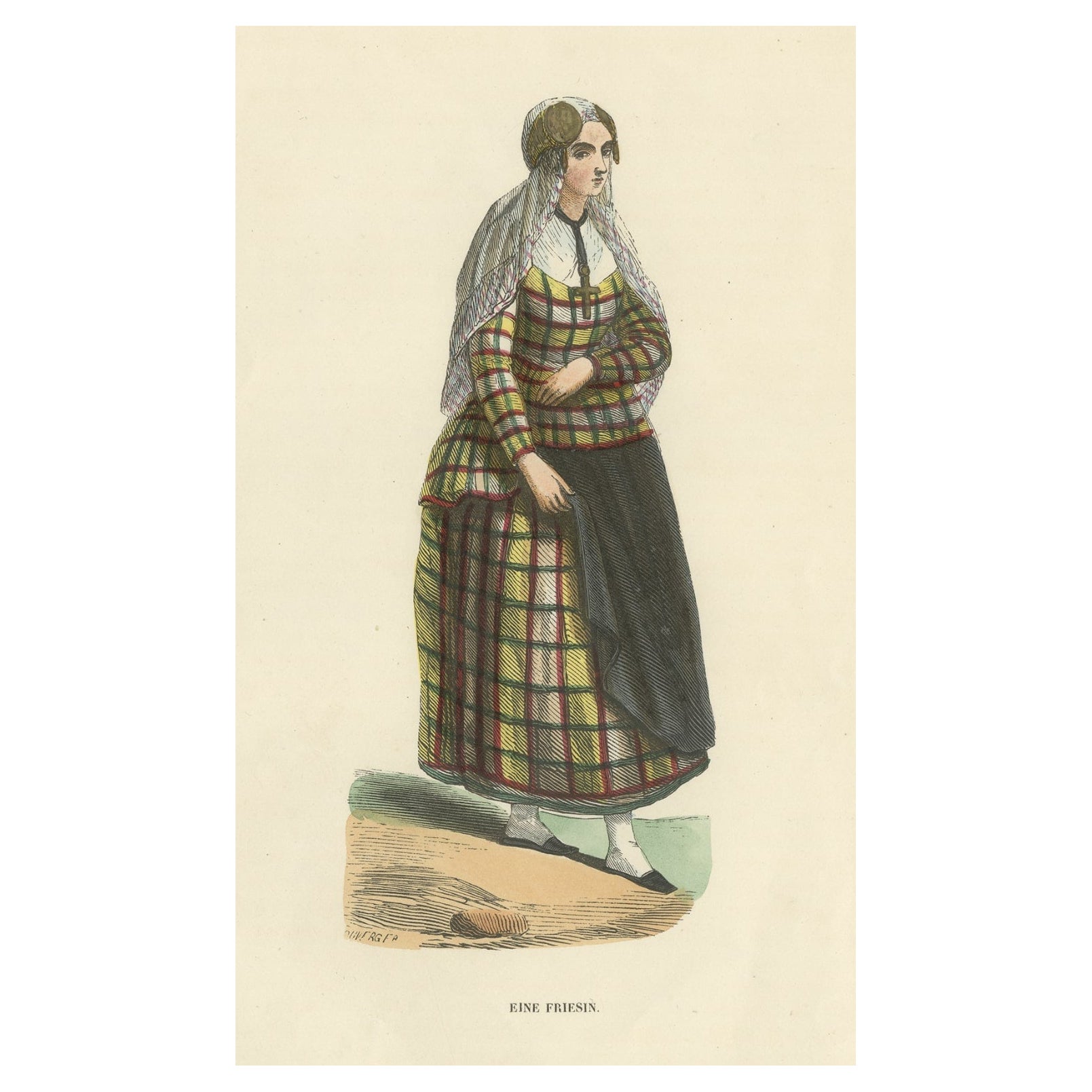 Antiker handkolorierter Druck einer Frau aus Friesland, Niederlande, ca. 1840