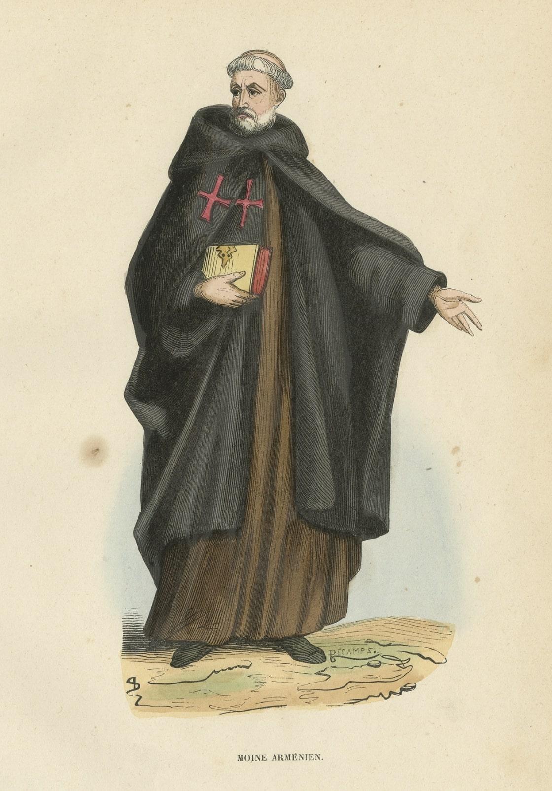 Impression antique colorée à la main d'un moine arménien, 1845 Bon état - En vente à Langweer, NL