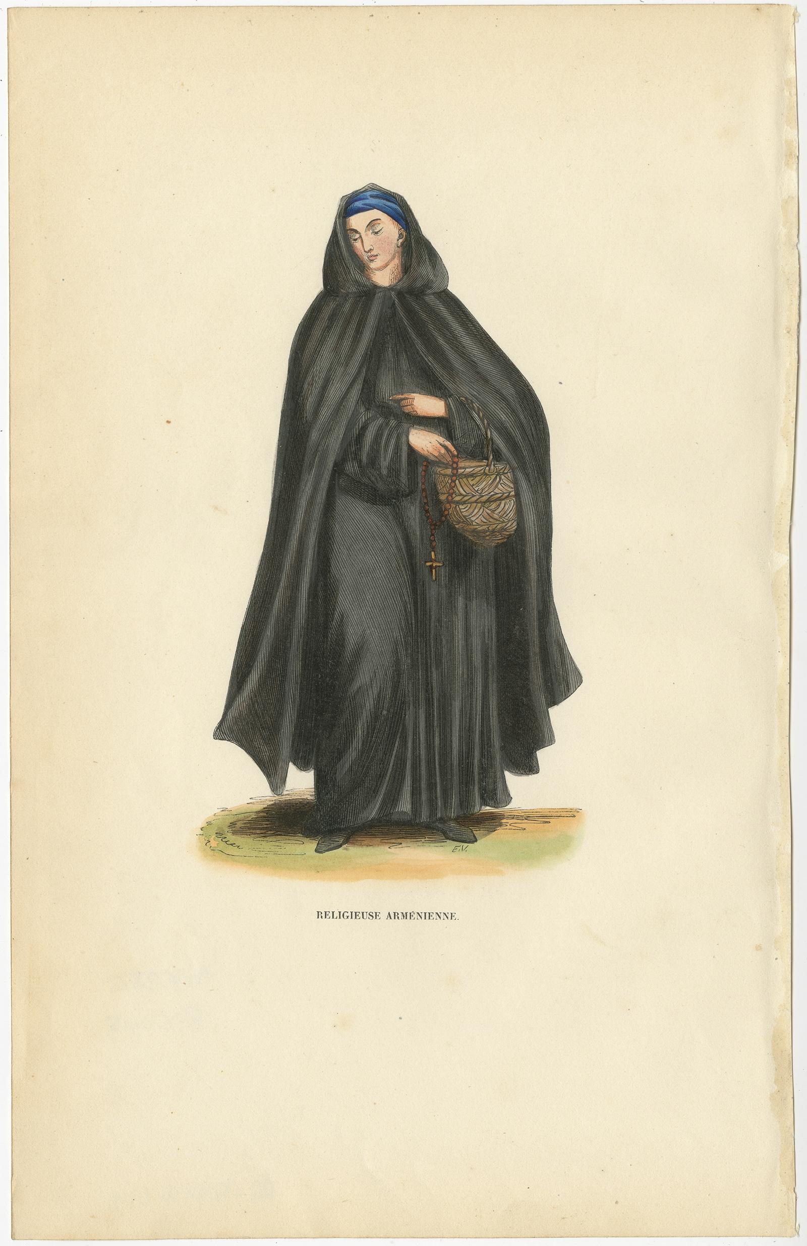 Antique print titled 'Religieuse Arménienne'. 

Print of an Armenian Nun. This print originates from 'Histoire et Costumes des Ordres Religieux'.

Artists and Engravers: Author: Abbé Tiron. 
Condition:
Good, general age-related toning. Minor