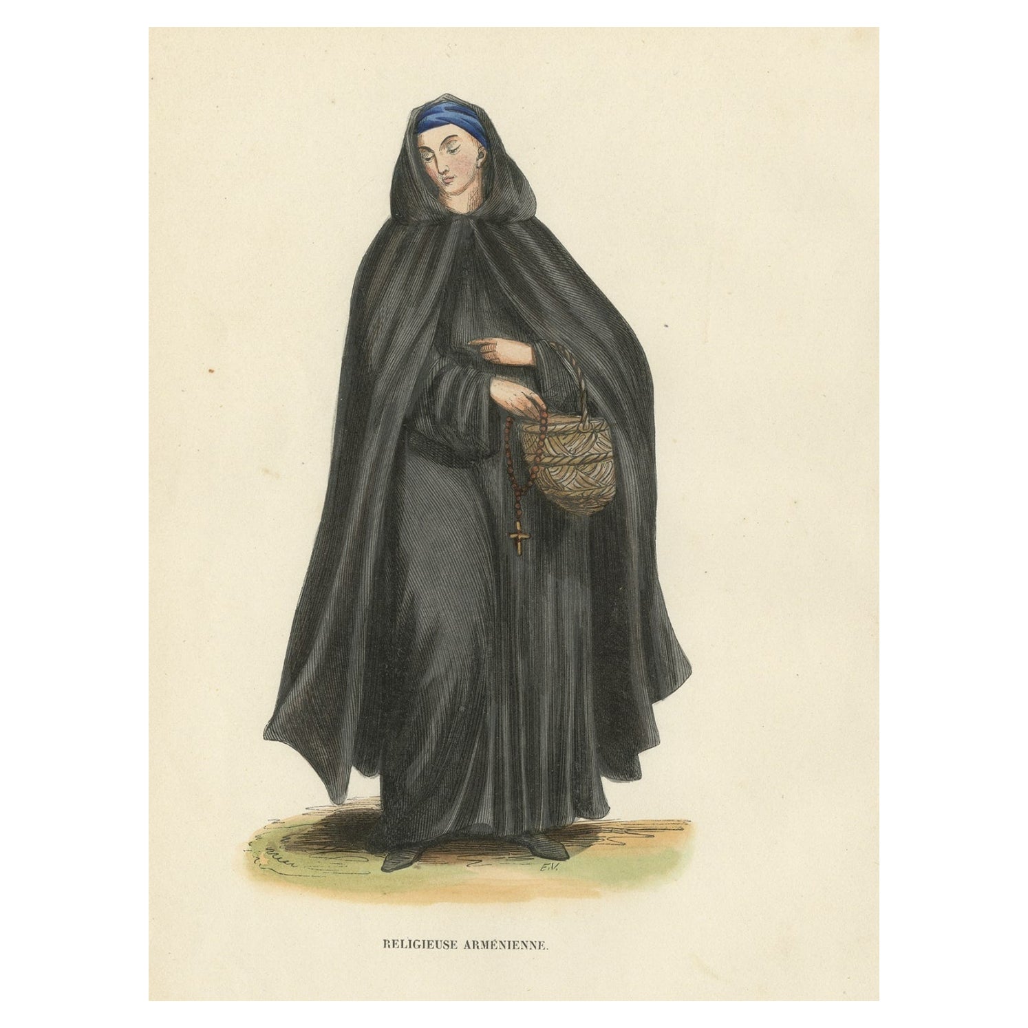 Stampa antica colorata a mano di una suora armena, 1845