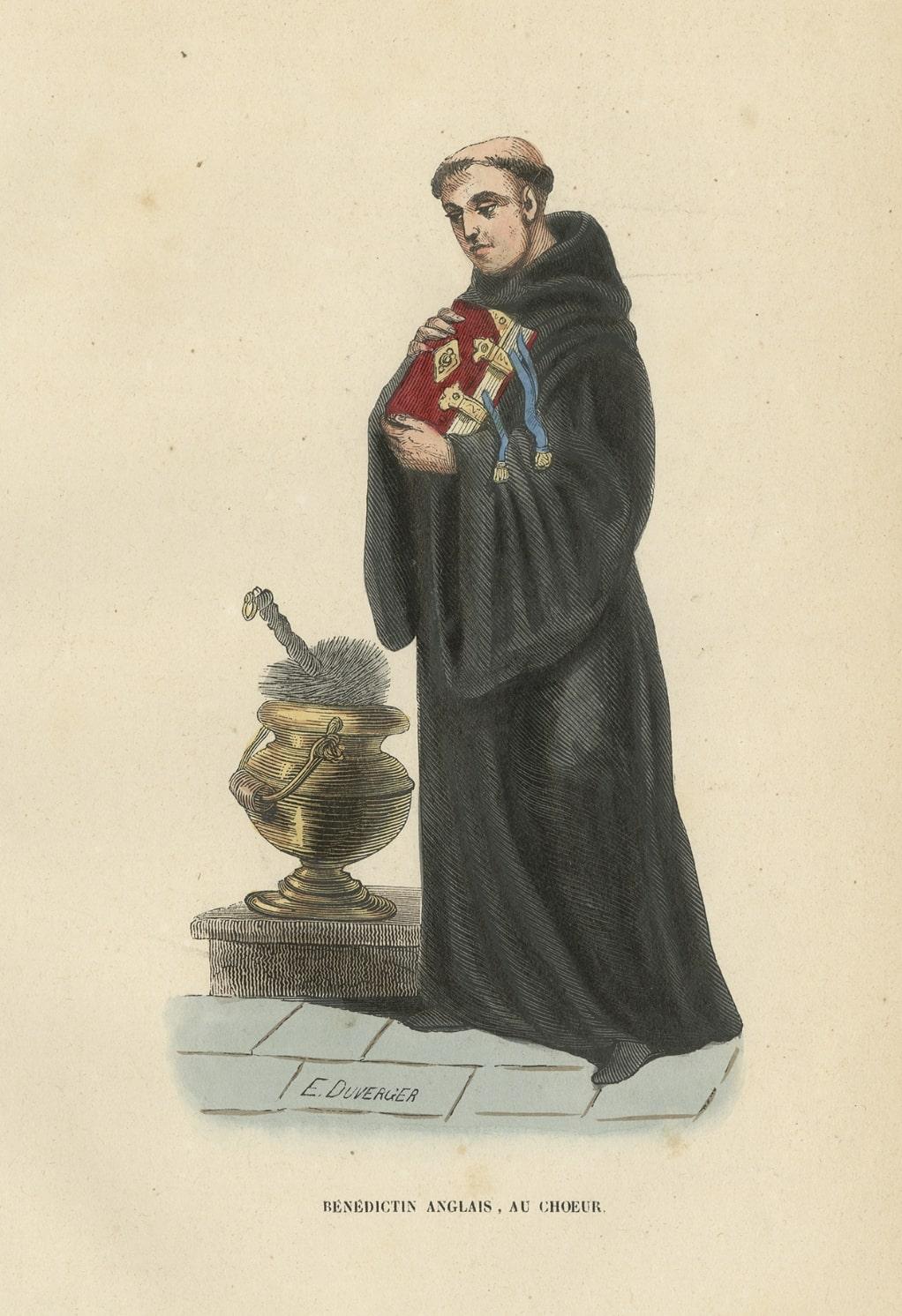 Paper Antique Hand-colored Print of an English Benedictine in Choir Dress, 1845 For Sale