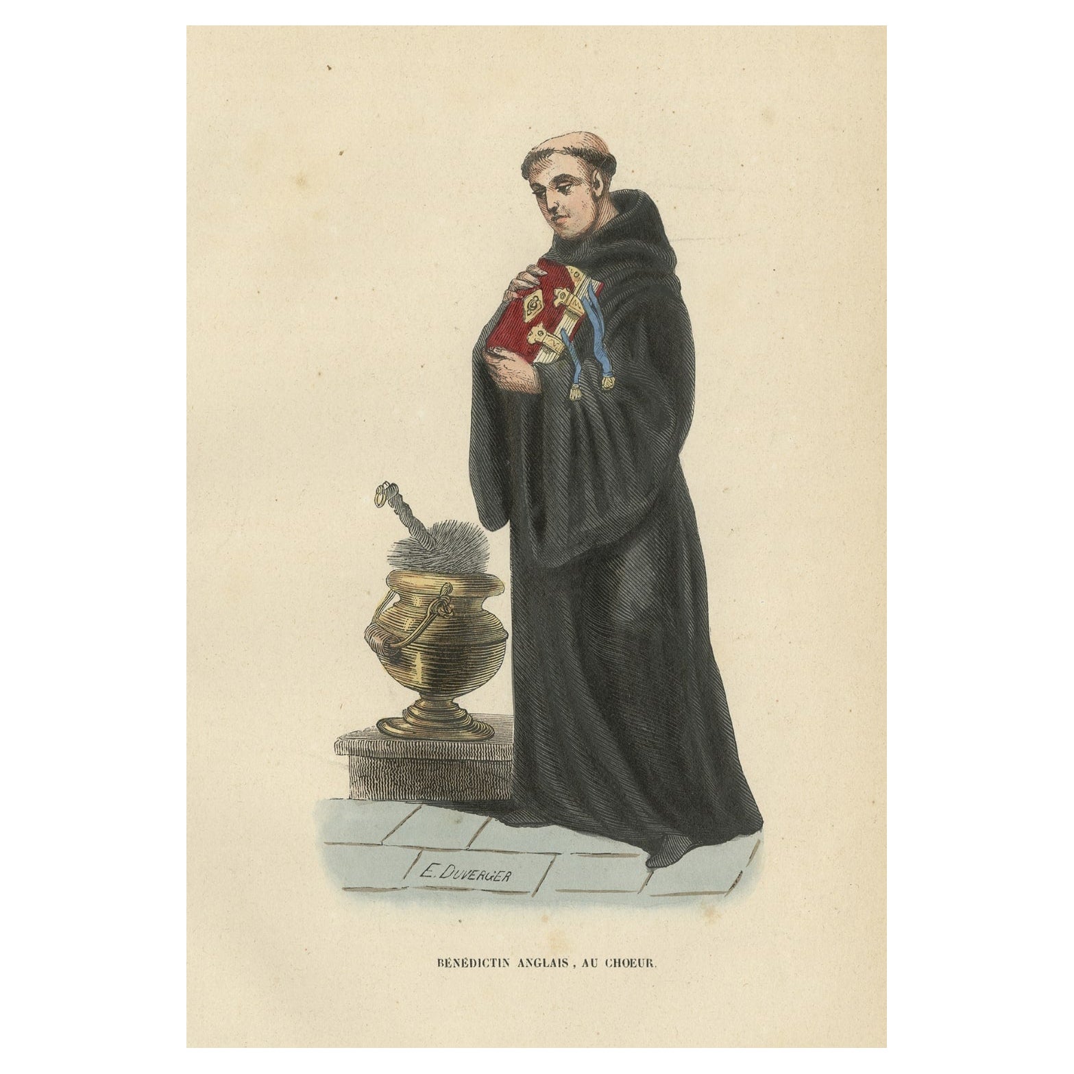 Stampa antica colorata a mano di un benedettino inglese in abito da coro, 1845