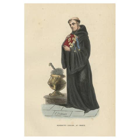 Antique Hand-colored Print of an English Benedictine in Choir Dress, 1845