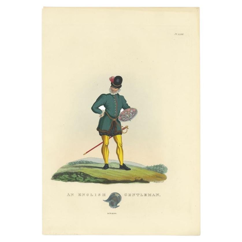 Impression antique colorée à la main d'un homme anglais avec une zibeline et un bouclier, 1842 en vente