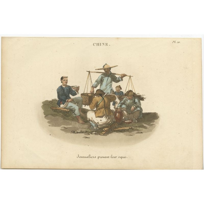Antique print titled 'Journaliers prenant leur repas'. Old print of Chinese workers having their meal, China. Source unknown, to be determined. 

Artists and Engravers: Anonymous. 

Condition: Good, general age-related toning. Blank verso, please
