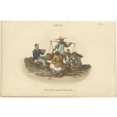 Antique Hand-Colored Print of Chinese Workers Having Their Meal, c.1820