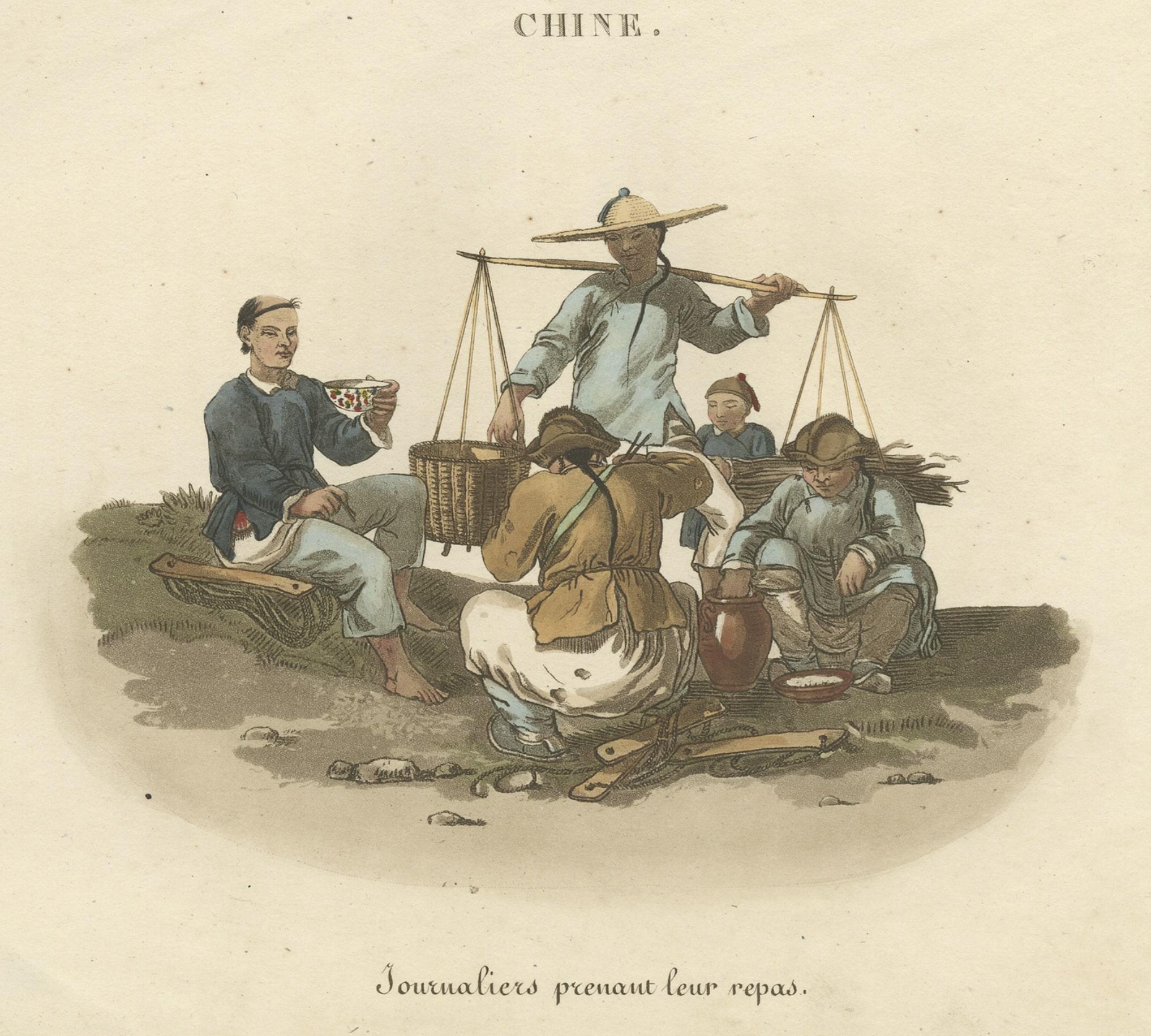 Paper Antique Hand-Colored Print of Chinese Workers Having Their Meal, c.1820 For Sale