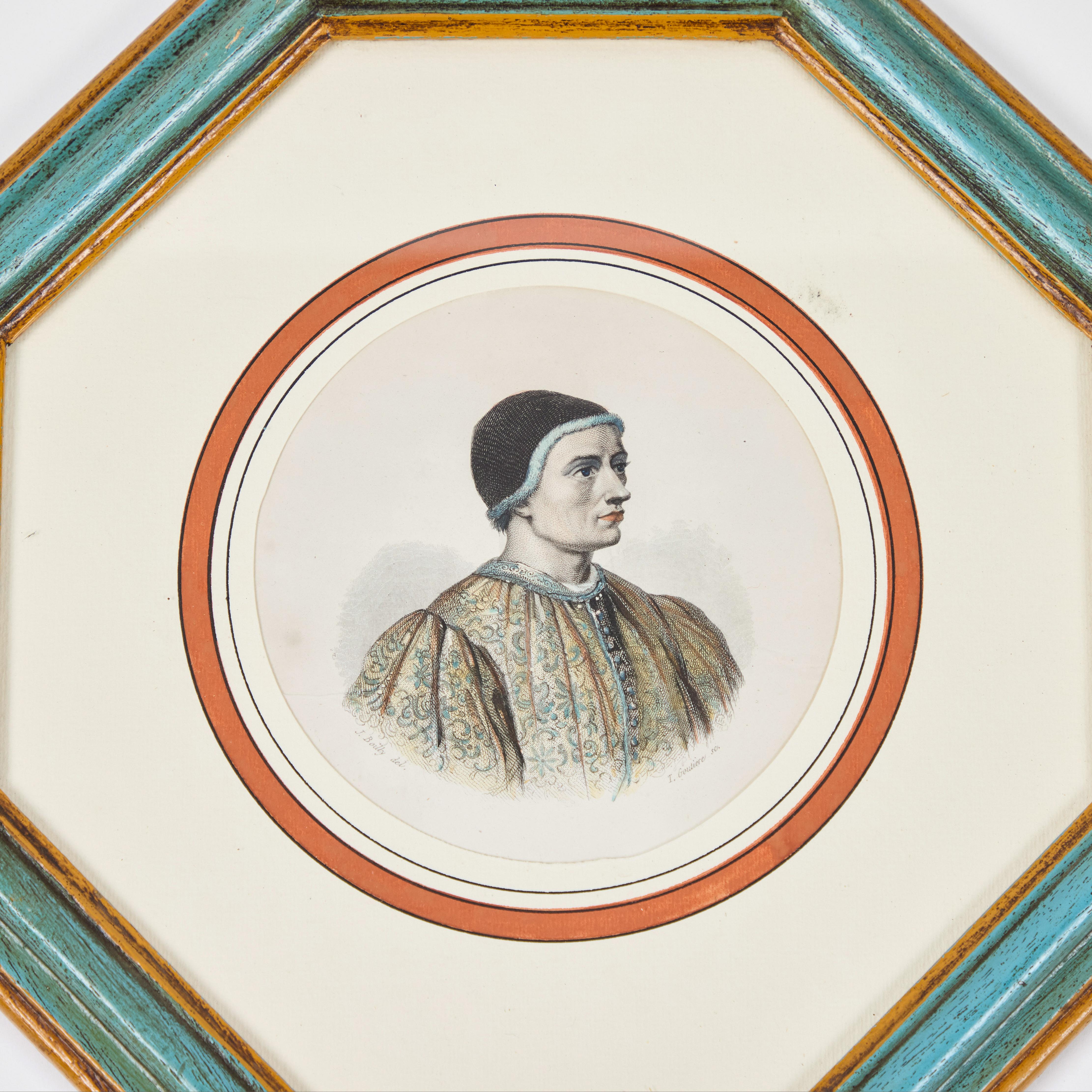 Antiker handkolorierter Druck von europäischen Berühmtheiten um 1800 in originalem achteckigen Rahmen mit bedruckter runder Matte, italienisch.

11